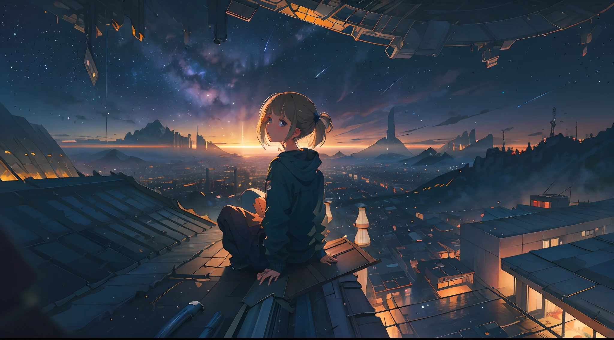 best quality, masterpiece, extremely detailed, detailed background, anime, 1girl, young girl, short girl, sci-fi, science fiction, outdoors, night, starry sky, greenhouse, megastructure, bio-dome, landscape, scenery, horizon, rooftop, sitting on rooftop, wind, looking away, atmospheric lighting, solo focus, close up, from side, depth of field, bokeh