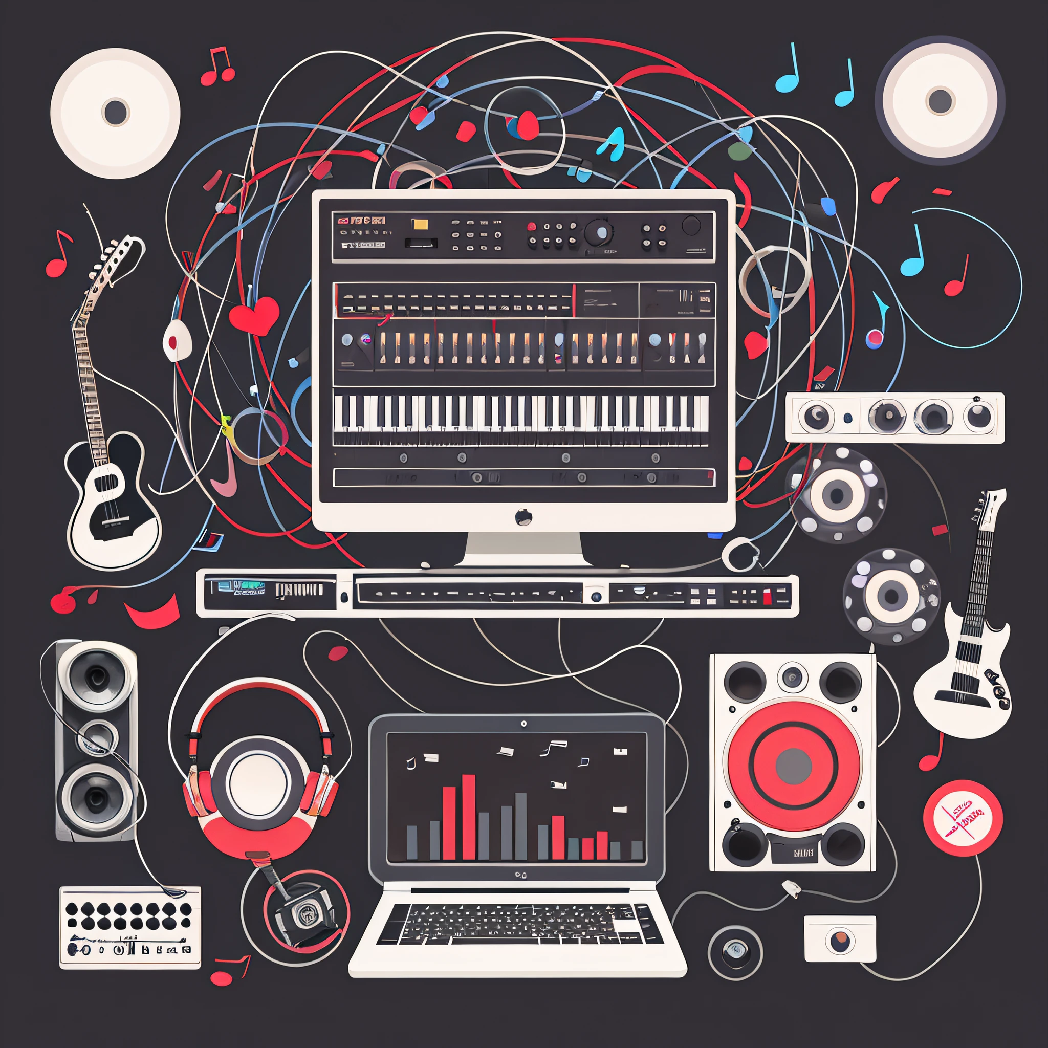 there is a computer monitor and a laptop with music notes around it, graphic musicality, computer music, electronic music, urban music studio, highly detailed composition, what music they make, devices and instruments, digital studio art, audio equipments, music theme, studio shot, awesome greate composition, studio recording, music poster, studio, packshot