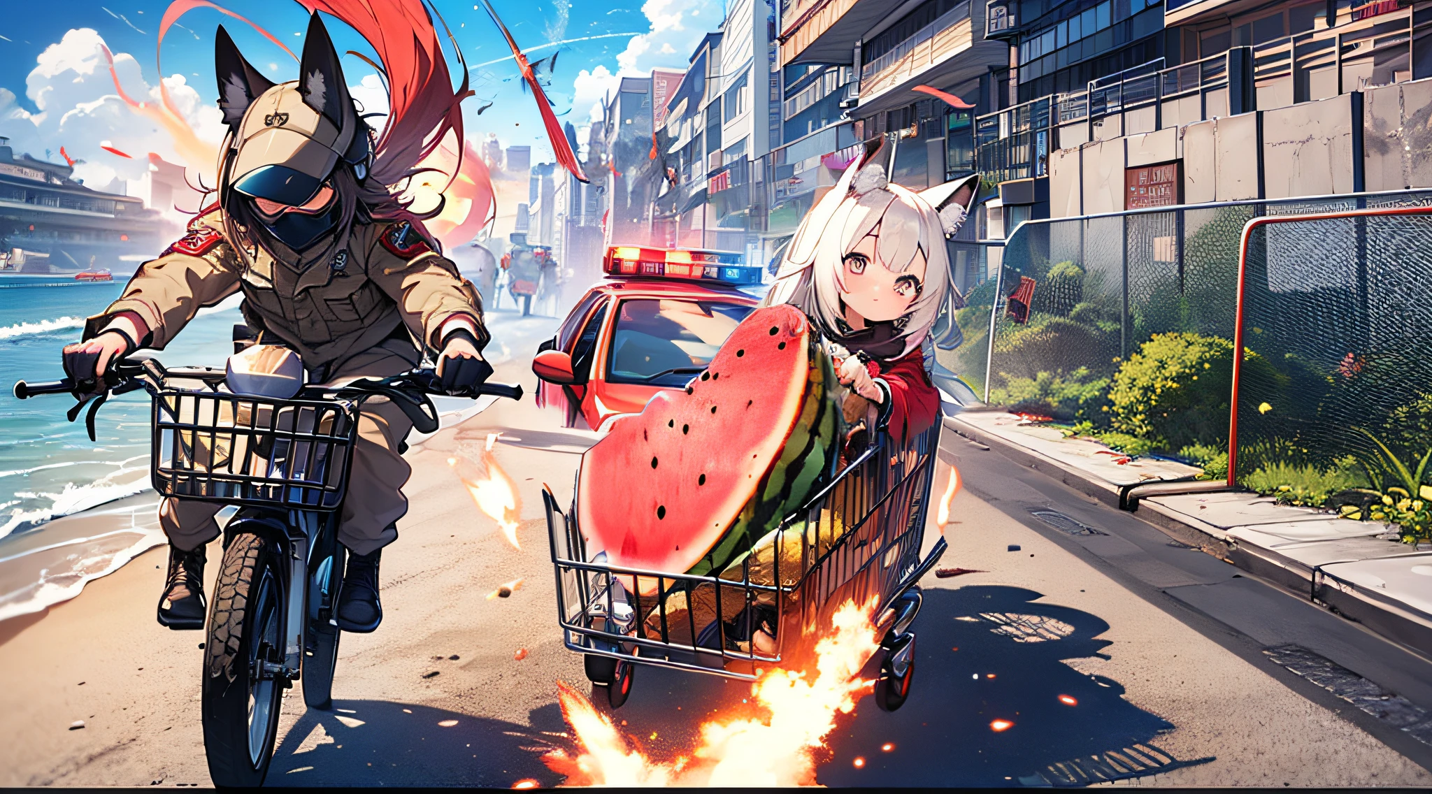 Police car, police car behind the screen, police car chasing from behind, siren flashing,