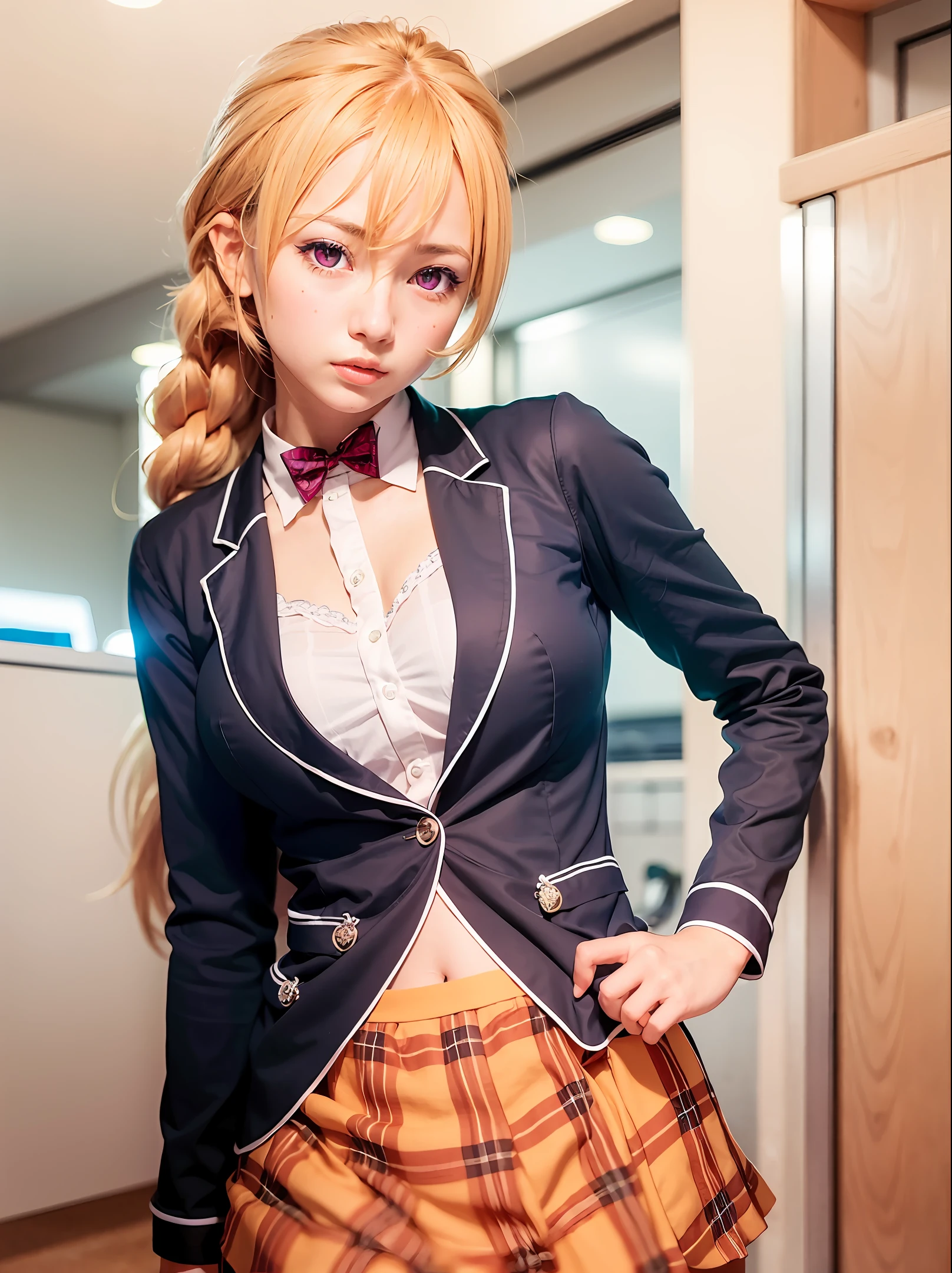 best quality, ultra high res, (photorealistic:1.4), 1girl, 1girl, hoshino ruby, mismatched pupils, star-shaped pupils, blonde hair, long hair, school uniform, skirt, standing, upper body, ramen shop
