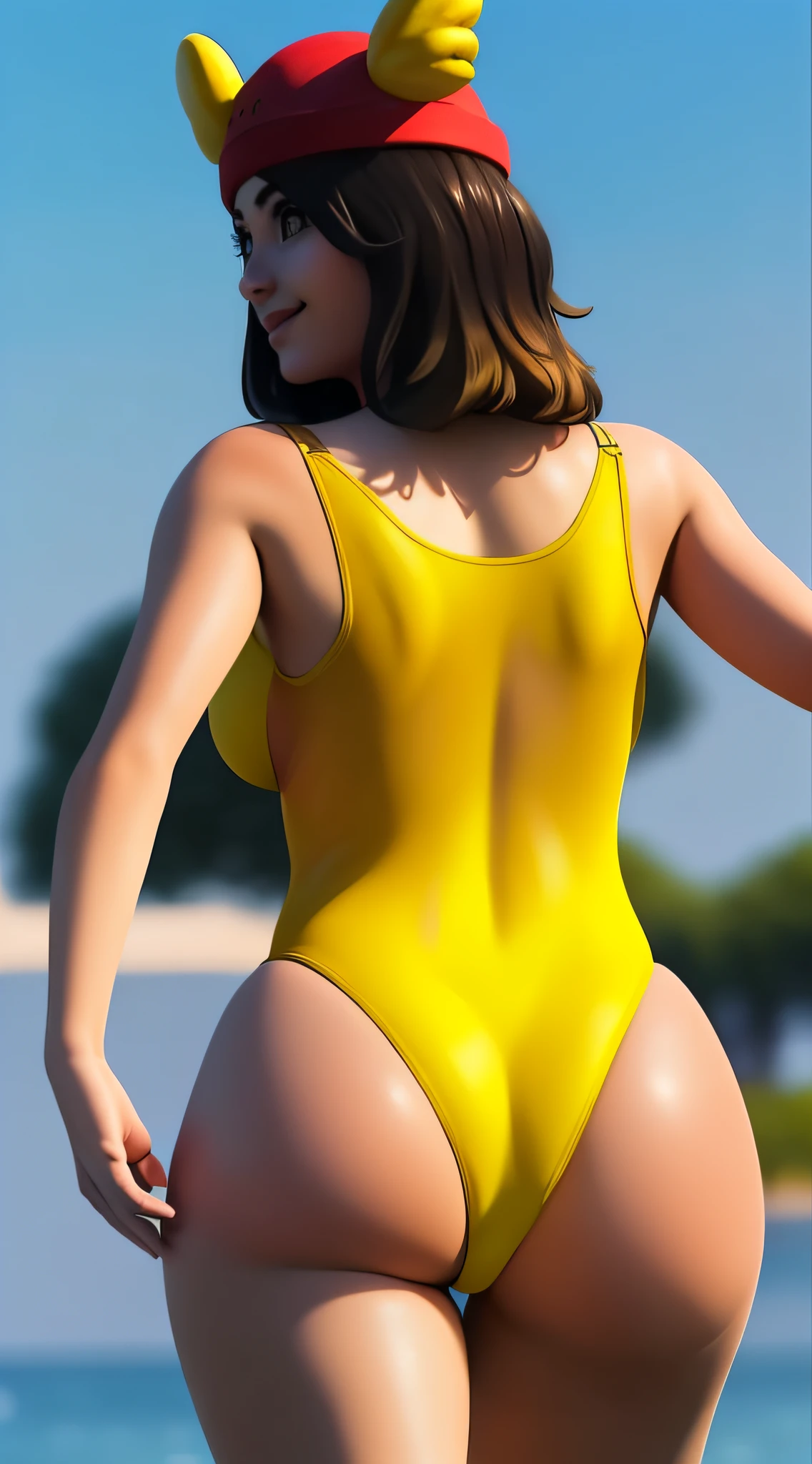 (8k, best quality, masterpiece:1.2), (realistic, photo-realistic:1.37), ultra-detailed, 1 girl,cute, solo, big breasts,beautiful detailed eyes, (long hair:1.2), yellow swimsuit, red hat, happy, sunbathing, full body, back view