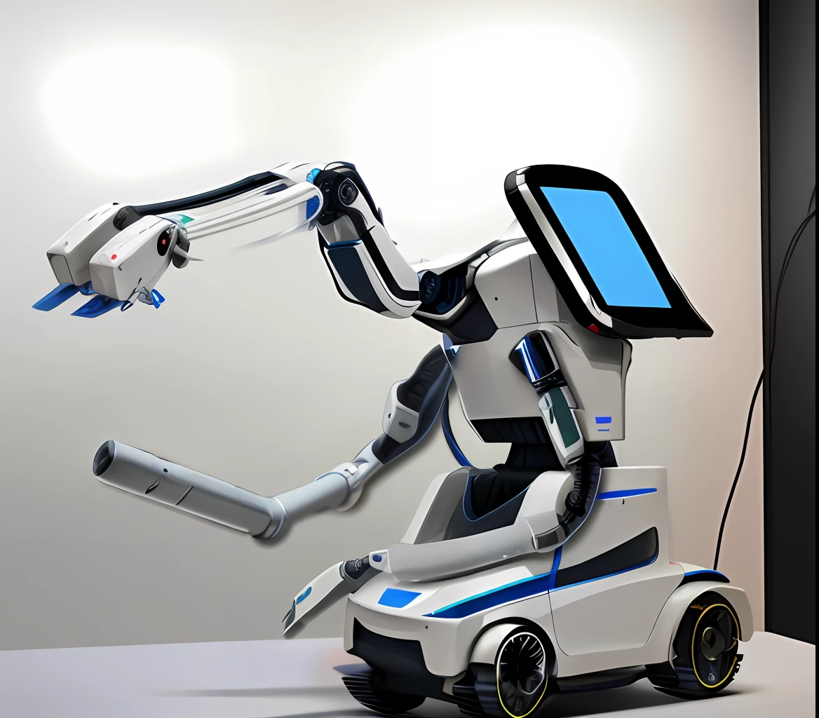 masterpiece, best quality, ceramic material, surgical assisted robot, three arms, studio soft light, edge light, vibrant details, reality, cable, microchip, solid color background, 8k, best quality, masterpiece, illustration, very refined, very detailed, CG, unity, wallpaper, (fidelity, fidelity: 1.37), amazing, fine detail, masterpiece, best quality, official_ art, very detailed CG unification, medical equipment, full body diagram, has a base, Mecanum Wheel, non-humanoid_robot, industrial robot, solid color background,