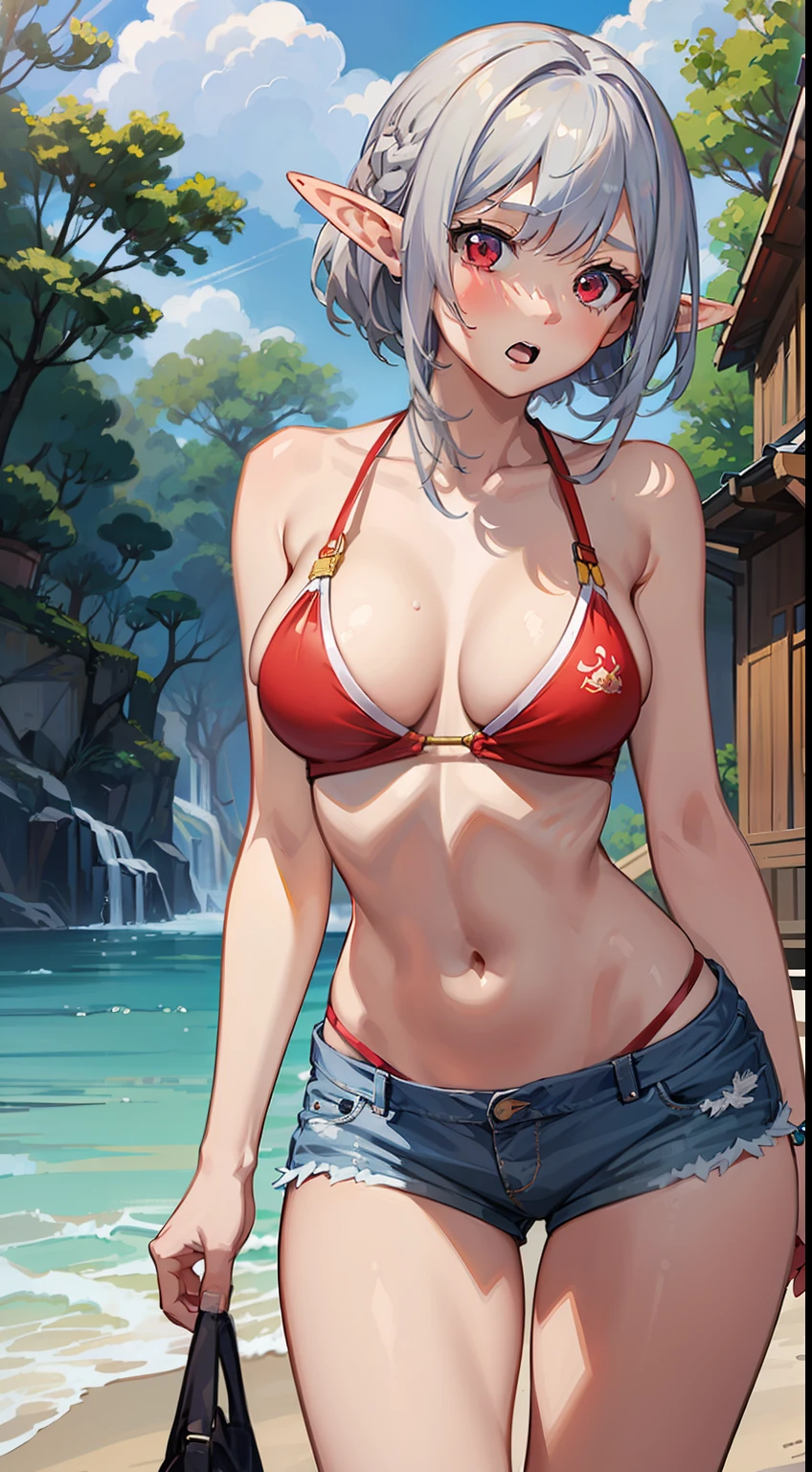 ((grab own breast)), (surprised)), (red face), 1 girl closeup, elf, silver hair, red eyes, bob cut, braided hair, jeans, shorts, swimwear, bikini, sea, ts, concept art, beautiful anime scene, beautiful anime scenery, best quality, masterpiece