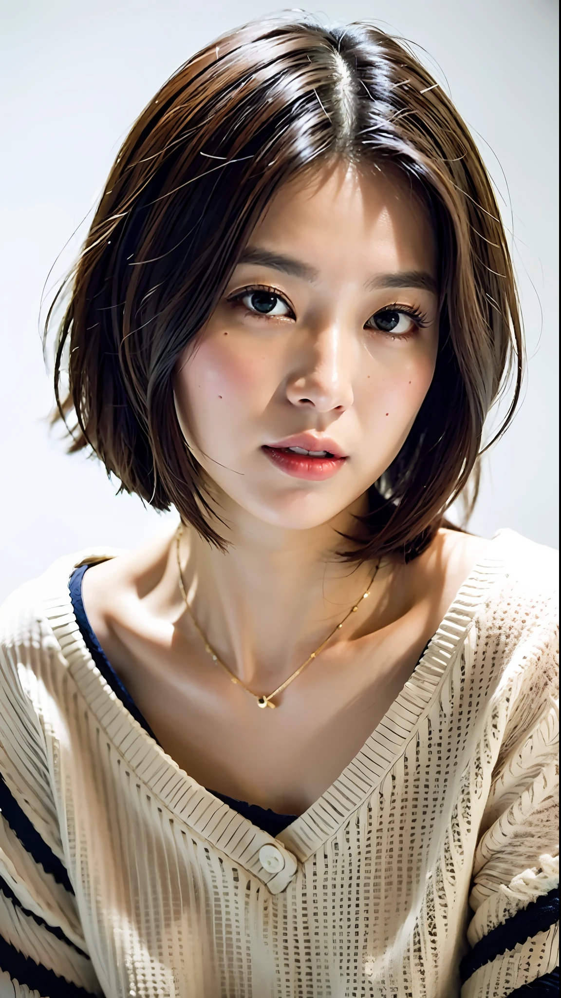 (Best Quality, 8k, 32k, Masterpiece, UHD: 1.2), Cute Japan Woman Pictures, Very Short Bob Hair, Face Focus, (oversized_sweater,:1.1) Necklace, Simple Background, Watch Viewer, Leaning Forward, Full Body