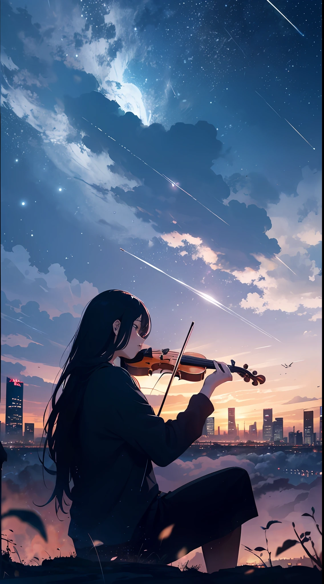 octans, sky, stars (sky), landscape, starry sky, night, 1girl solo violin, night sky, solo, outdoors, architecture, clouds, milky way, sitting, tree, long hair, city, silhouette, distant birds passing by, cityscape --auto --s2