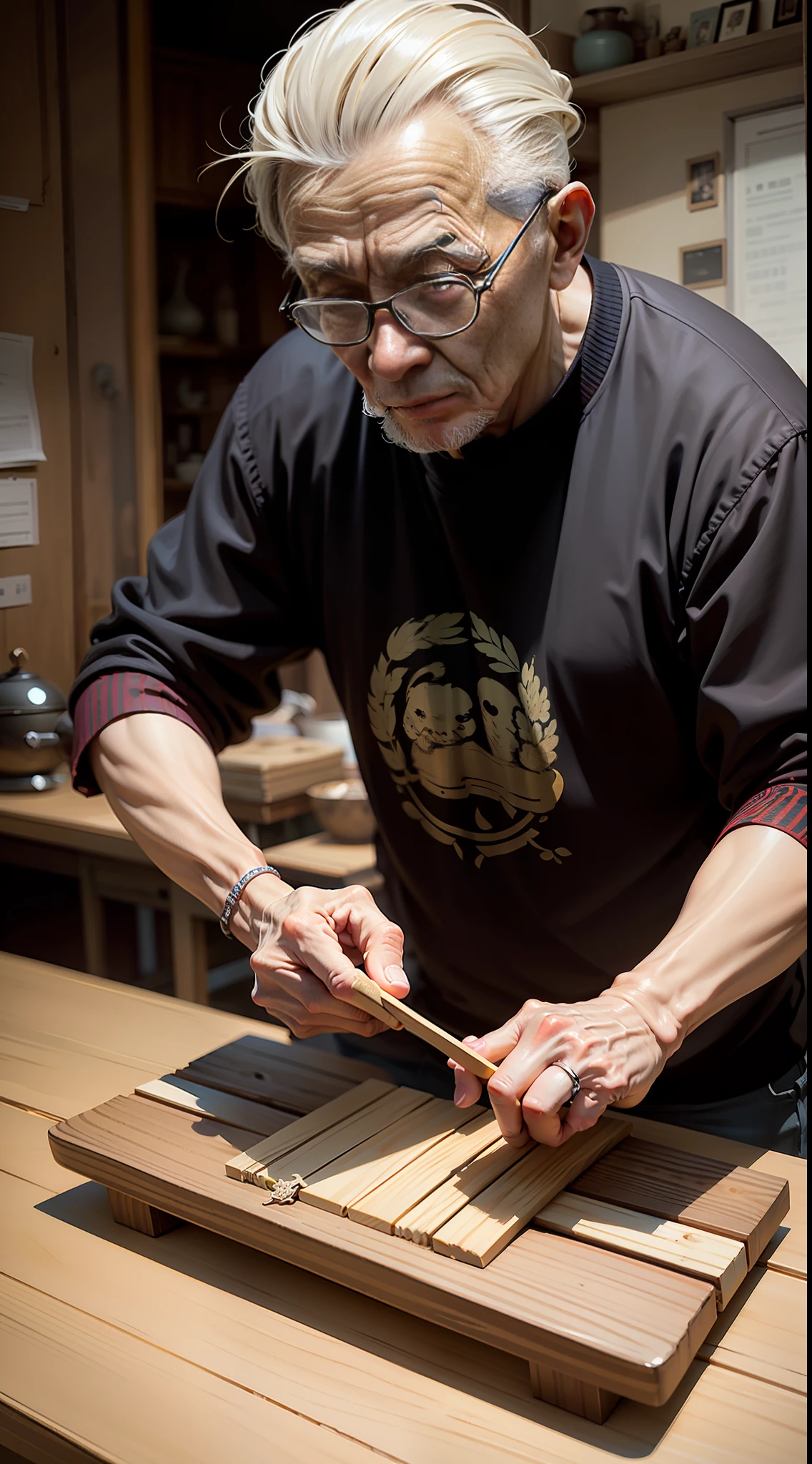 An old Chinese man hand-made a folding fan scene in front of a wooden table, the folding fan is fan-shaped wood, carved, very exquisite, there are making tools next to it, the real scene is high-definition --auto