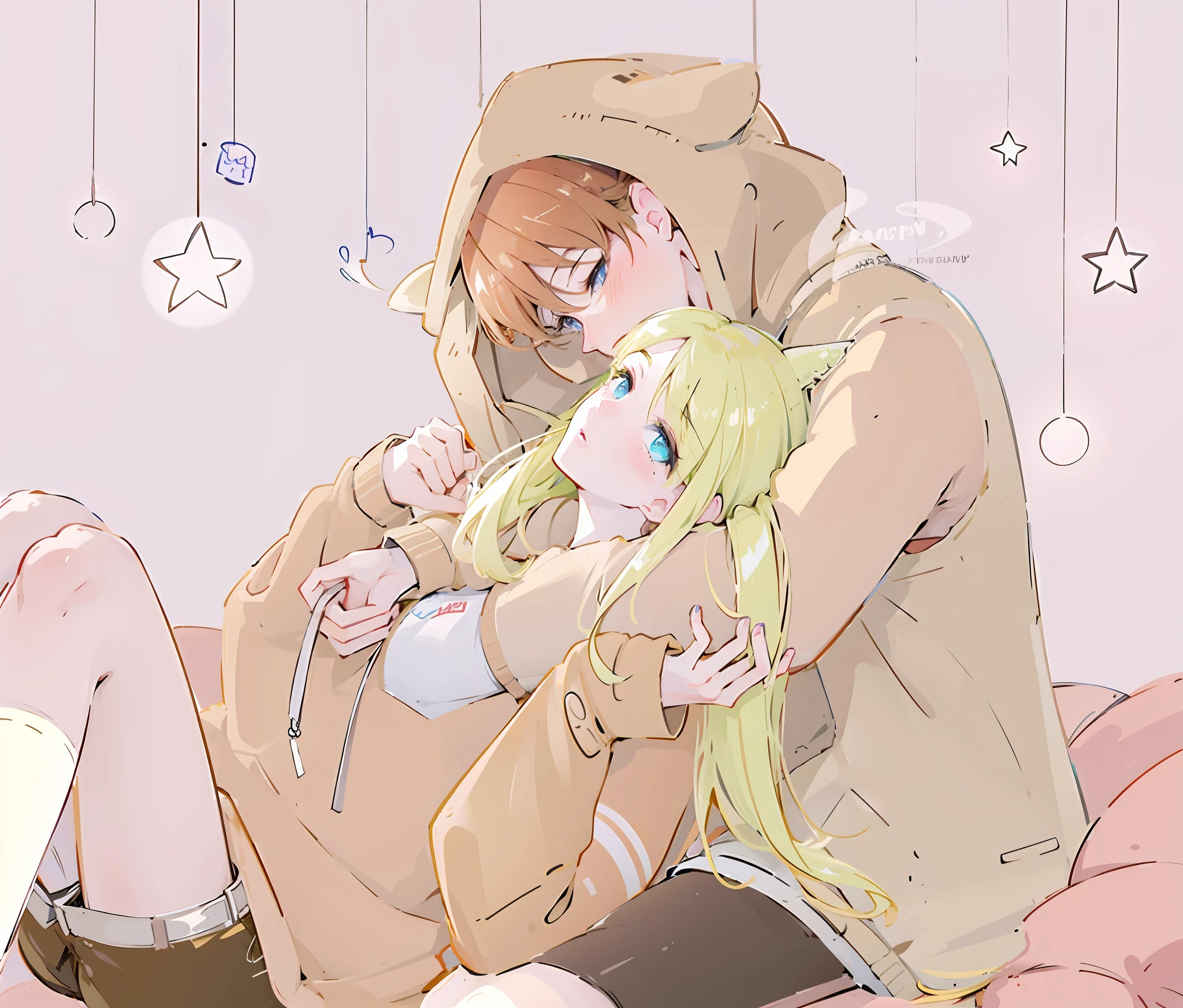 Anime couple in bed, hoodie and dog ears, inspired by Hiroshi Arakawa and highest rated on pixiv, shoujo romance, in pixiv, girl snuggled in boy's arms, high quality doujin art with arms around her neck, cute anime, by Hiroshi Arakawa popular on pixiv, reality!, pixiv, soft anime, soft anime illustration