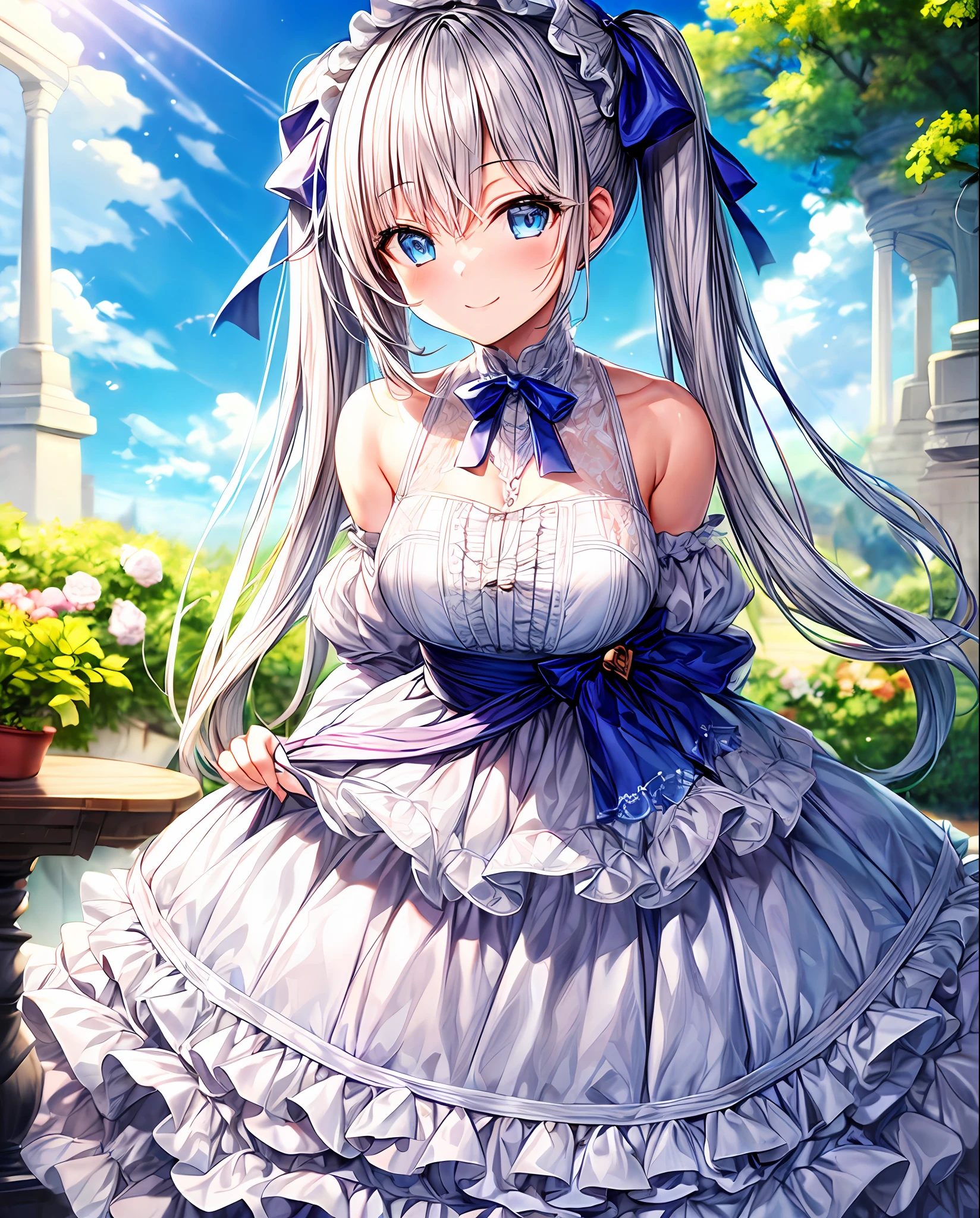 (masterpiece, top quality), 1 girl, long twin tails, silver hair, smile, blue eyes, ribbons in hair, white ta fashion, blue sky, Europe, front view, sunshine, beautiful hair, cute face, cool