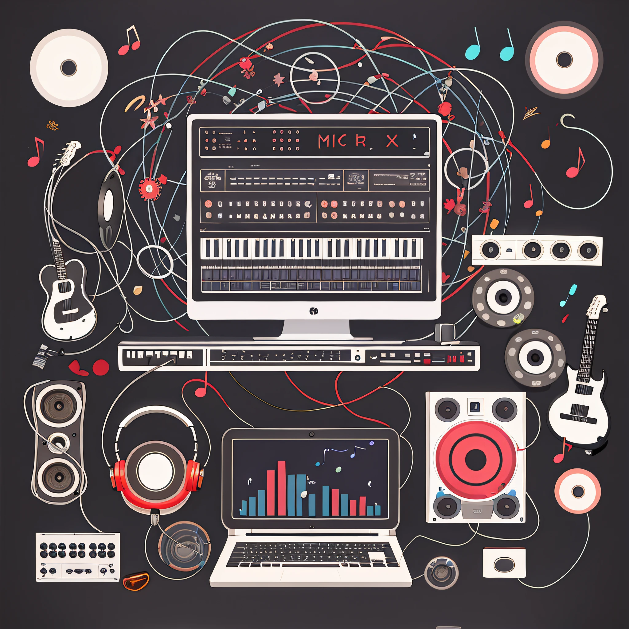 there is a computer monitor and a laptop with music notes around it, graphic musicality, computer music, electronic music, urban music studio, highly detailed composition, what music they make, devices and instruments, digital studio art, audio equipments, music theme, studio shot, awesome greate composition, studio recording, music poster, studio, packshot