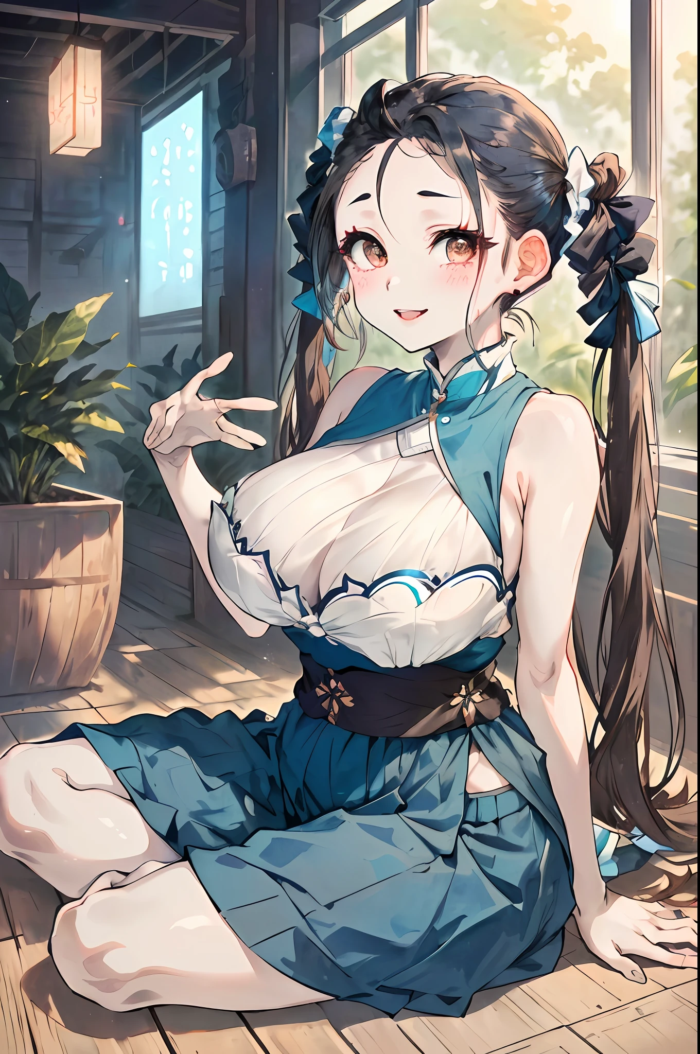 Best quality, detailed background, girl, (gray hair) (KPOP Idol), sitting on the floor, (((Dynamic pose)), pale skin, (natural breasts, big)))), (thin waist), long ((low twin tails)), brown hair, ((puffy eyes)), smile, sexy
