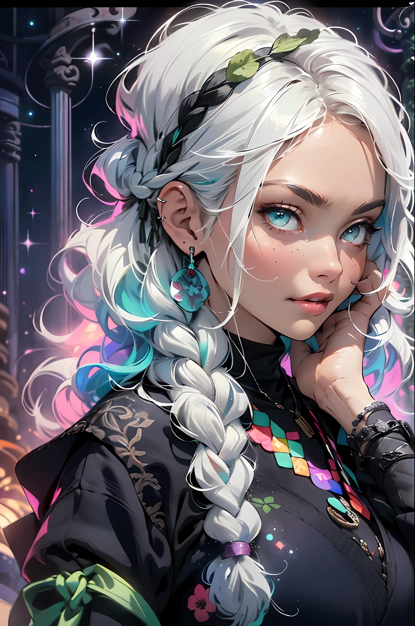 ((( WHITE HAIR, MINT CURLS, [PERFECT REALISTIC EYES]))), ((( HOLDING A BRAID IN HIS HANDS,))) ultra realistic 8k CG, perfect face, flawless, clean, masterpiece, professional work of art, famous art, cinematic lighting, cinematic flower, perfect face, beautiful face, beautiful eyes, ((((perfect female body, narrow waist))), GOCHIC, real, SINISTER, BLACK HOOD, WIDE SMILE, (DARK SETTING), fantasy, MACABRO, unreal,  science fiction, (huge breasts), BLACK clothing, lace, lace trim, lace socks, nsfw, chest out, absurdly long hair, very long hair, (saturated: 1.4), SKULLS AROUND, intricate detail, delicate pattern, sexy, charming, seductive, seductive, erotic, charming, hair ornament, necklace, earrings, bracelet, armband, looking at the viewer, in the forest, willow trees, river, galaxy, starry multicolored sky, 3 moons,  witch, mysticism, magic, invisible powers