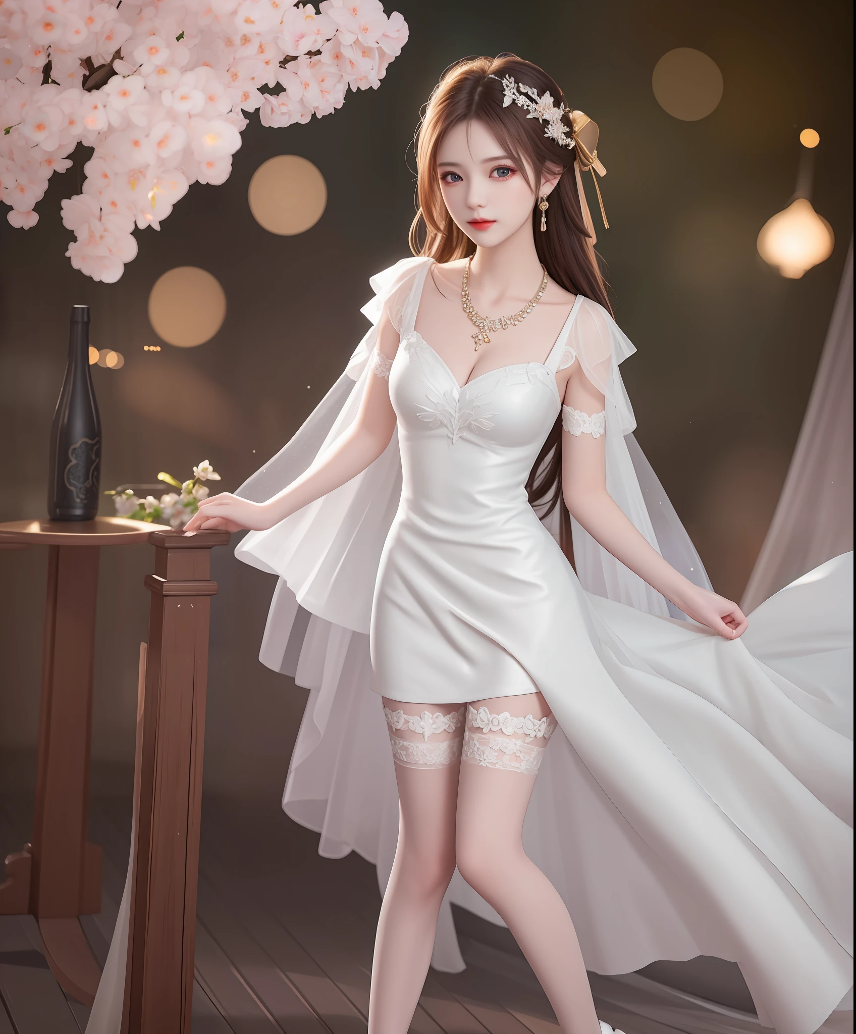 Best Quality, Masterpiece, High Resolution, 1 Girl, Porcelain Dress, Hair Accessories, Necklace, Jewelry, Beautiful Face, Physically, Tyndall Effect, Realistic, Dark Studio, Edge Lighting, Two-tone Lighting, (High Detail Skin: 1.2), 8K UHD, DSLR, Soft Light, High Quality, Volumetric Light, Voy Shot, Photo, High Resolution, 4K, 8K, Background Bokeh, Full Body View, White Slip Stockings, In Asanagu