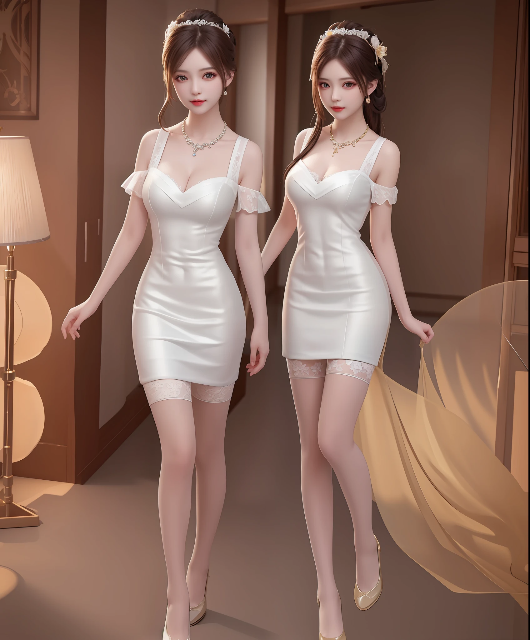 Best Quality, Masterpiece, High Resolution, 1 Girl, Porcelain Dress, Hair Accessories, Necklace, Jewelry, Beautiful Face, Physically, Tyndall Effect, Realistic, Dark Studio, Edge Lighting, Two-tone Lighting, (High Detail Skin: 1.2), 8K UHD, DSLR, Soft Light, High Quality, Volumetric Light, Voy Shot, Photo, High Resolution, 4K, 8K, Background Bokeh, Full Body View, White Slip Stockings, In Asanagu