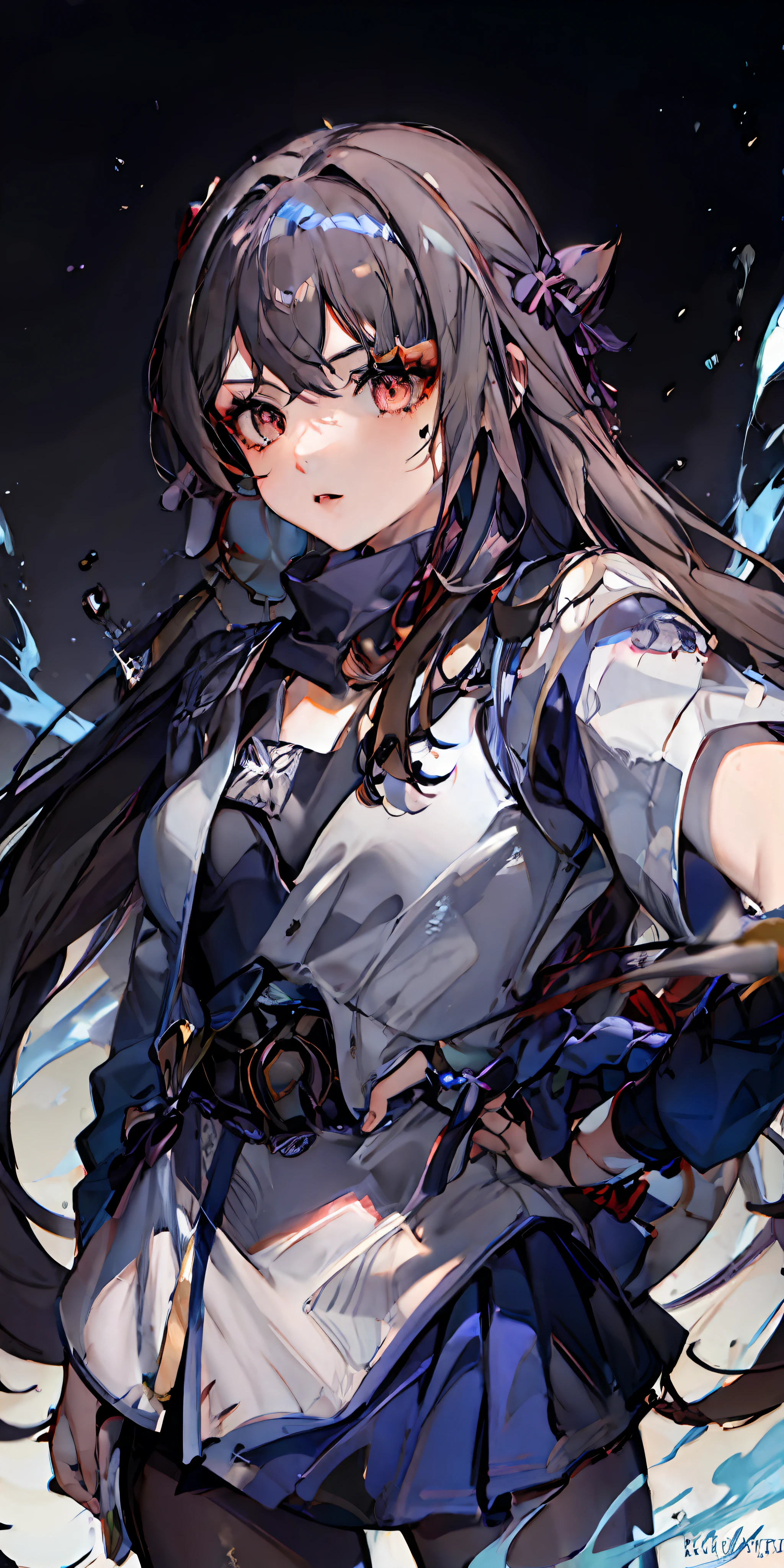 upper body, 1 girl, black hair, ponytail, red eyes, (ninja), dagger, medium breath, scarf, wallpaper, magic circle background, light particles, blue flame,