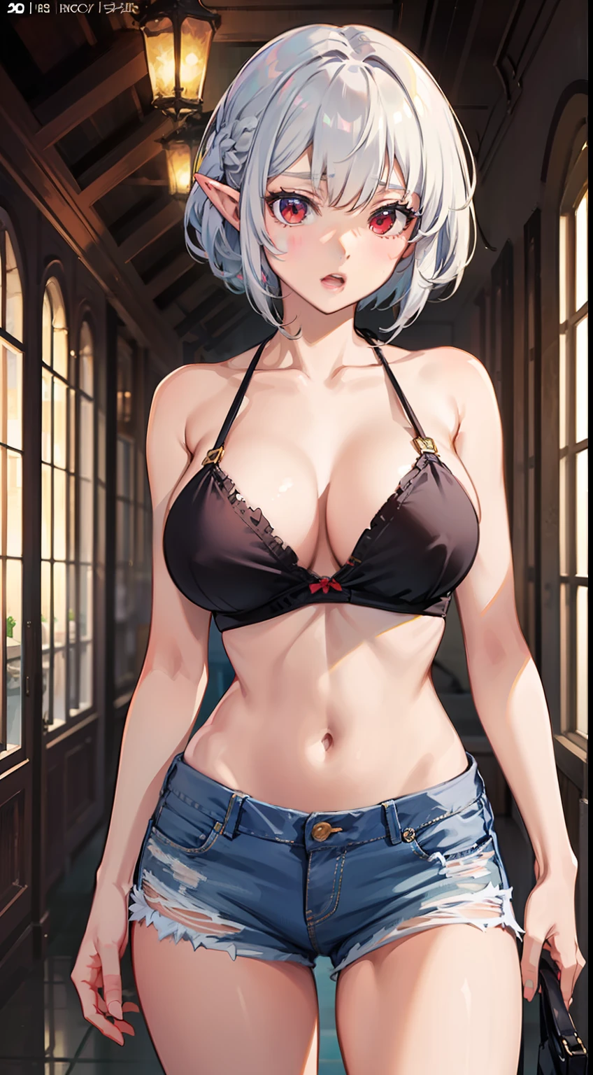 ((breast grabing)), (surprised)), (red face), 1 girl closeup, elf, silver hair, red eyes, bob cut, braided hair, jeans, shorts, swimwear, bikini, sea, ts, concept art, beautiful anime scene, beautiful anime scenery, best quality, masterpiece