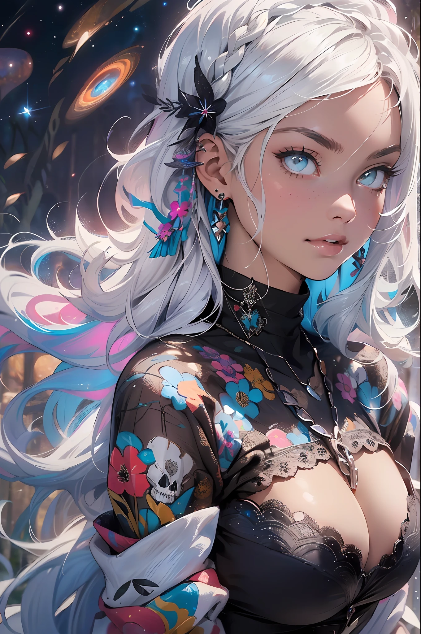 ((( WHITE HAIR, [PERFECT REALISTIC EYES]))), ((( HOLDING A BRAID IN HIS HANDS,))) ultra realistic 8k CG, perfect face, flawless, clean, masterpiece, professional work of art, famous art, cinematic lighting, cinematic flower, perfect face, beautiful face, beautiful eyes, (((( perfect female body, narrow waist))), GOCHIC, real, SINISTER, BLACK HOOD, WIDE SMILE, (DARK SETTING), fantasy, MACABRO, unreal, science fiction,  (huge breasts), BLACK clothing, lace, lace trim, lace socks, nsfw, chest out, absurdly long hair, very long hair, (saturated: 1.4), SKULLS AROUND, intricate detail, delicate pattern, sexy, charming, seductive, seductive, erotic, charming, hair ornament, necklace, earrings, bracelet, armband, looking at the viewer, in the forest, willow trees, river, galaxy, starry multicolored sky, 3 moons
