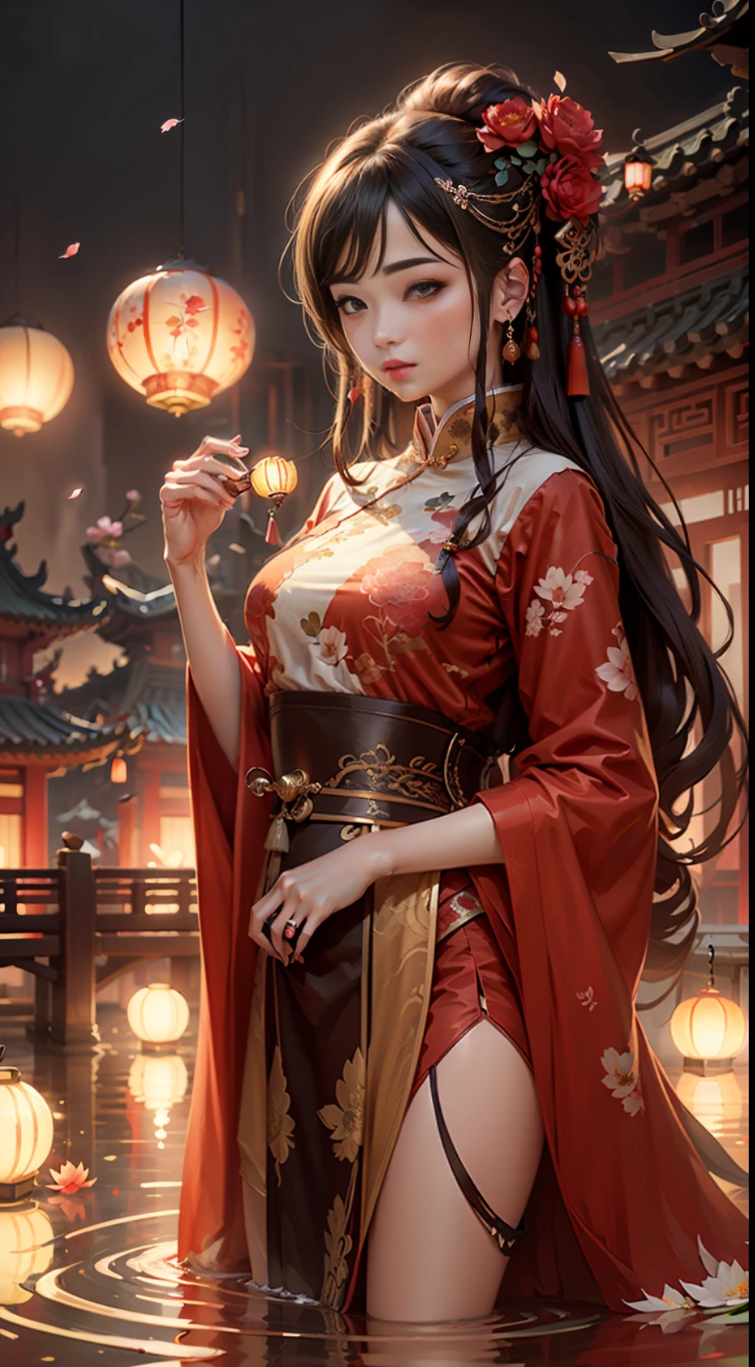 masterpiece, best quality, ultra-detailed, illustration, solo, artist:Li Wei, Chinese-inspired, traditional painting, soft and elegant brushstrokes, delicate silk robes in shades of crimson and gold, adorned with intricate floral patterns, elaborate headdress with ornamental hairpins, long flowing black hair, almond-shaped eyes with a hint of mystery, gentle smile, holding a delicate fan with delicate cherry blossom motif, standing gracefully on a stone bridge over a tranquil lotus pond, lanterns glowing softly in the background, traditional Chinese architecture with curved roofs and decorative elements, a serene atmosphere infused with the essence of Chinese culture