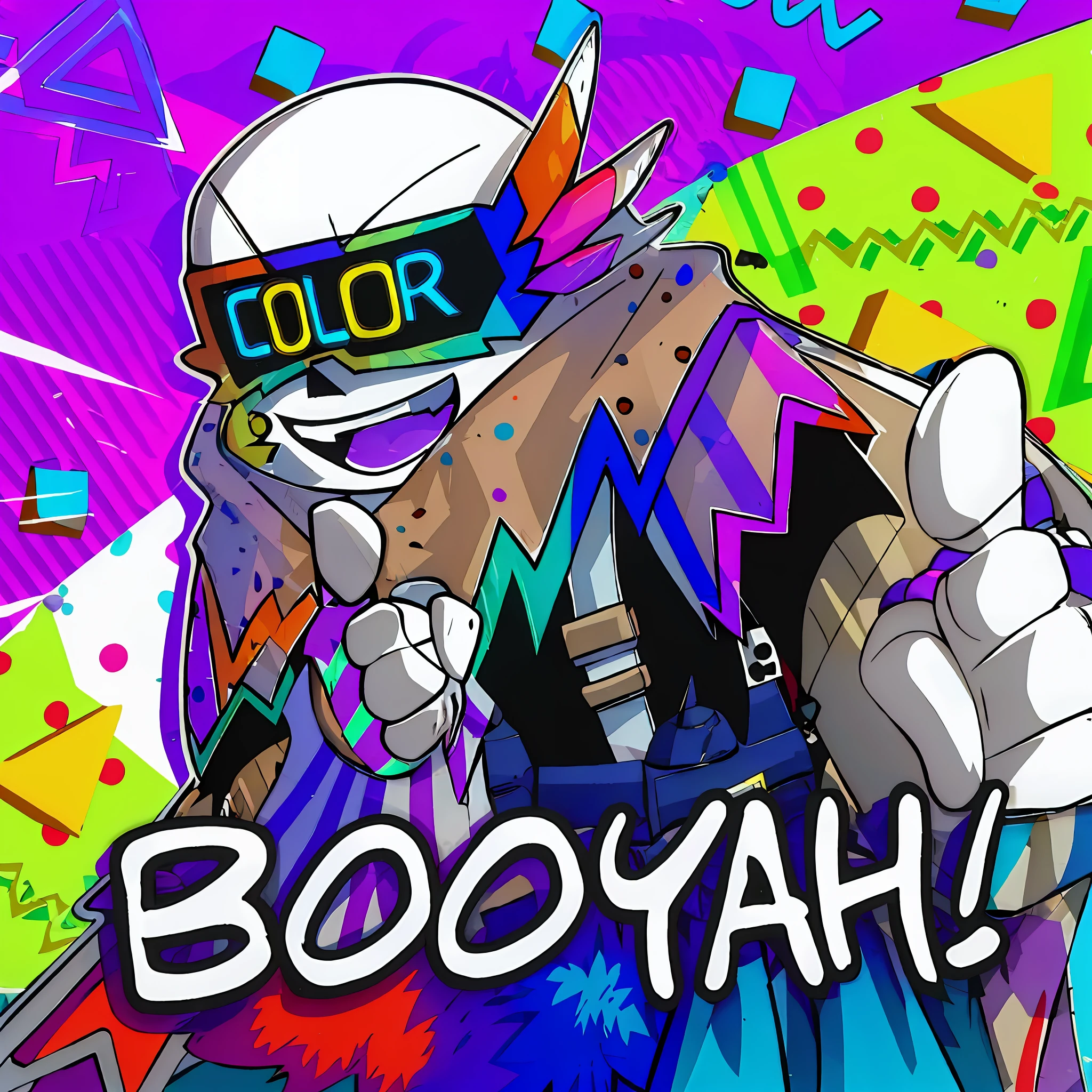 cartoon image of a robot with a boomboard and a hat, oh yeah, official artwork, art in the style of joshy sly, digital art. colorful comic, hyper colorful, varguyart style, booru, official artwork hdr, with splatoon style, cool background, [ synthwave art style ]!! ]!!, vibrant fan art, eboy