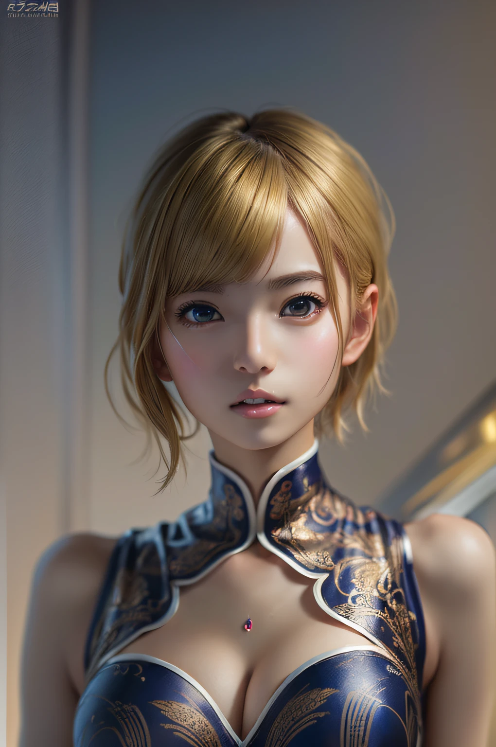 Realism, (Masterpiece, Top Quality, Best Quality, Beauty and Aesthetics: 1.2), Zen, Extremely detailed, Fractal Art, Colorful, Supreme Detail, (Abstract Background: 1.5), (1 Asian Woman: 1.3), (Dragon Pattern), (Short Black Hair), Curious Expression, (Cheongsam in Green Silk Pattern), Chinese Elements, Short Long Hair, Flowing, Upper Body, Light --auto