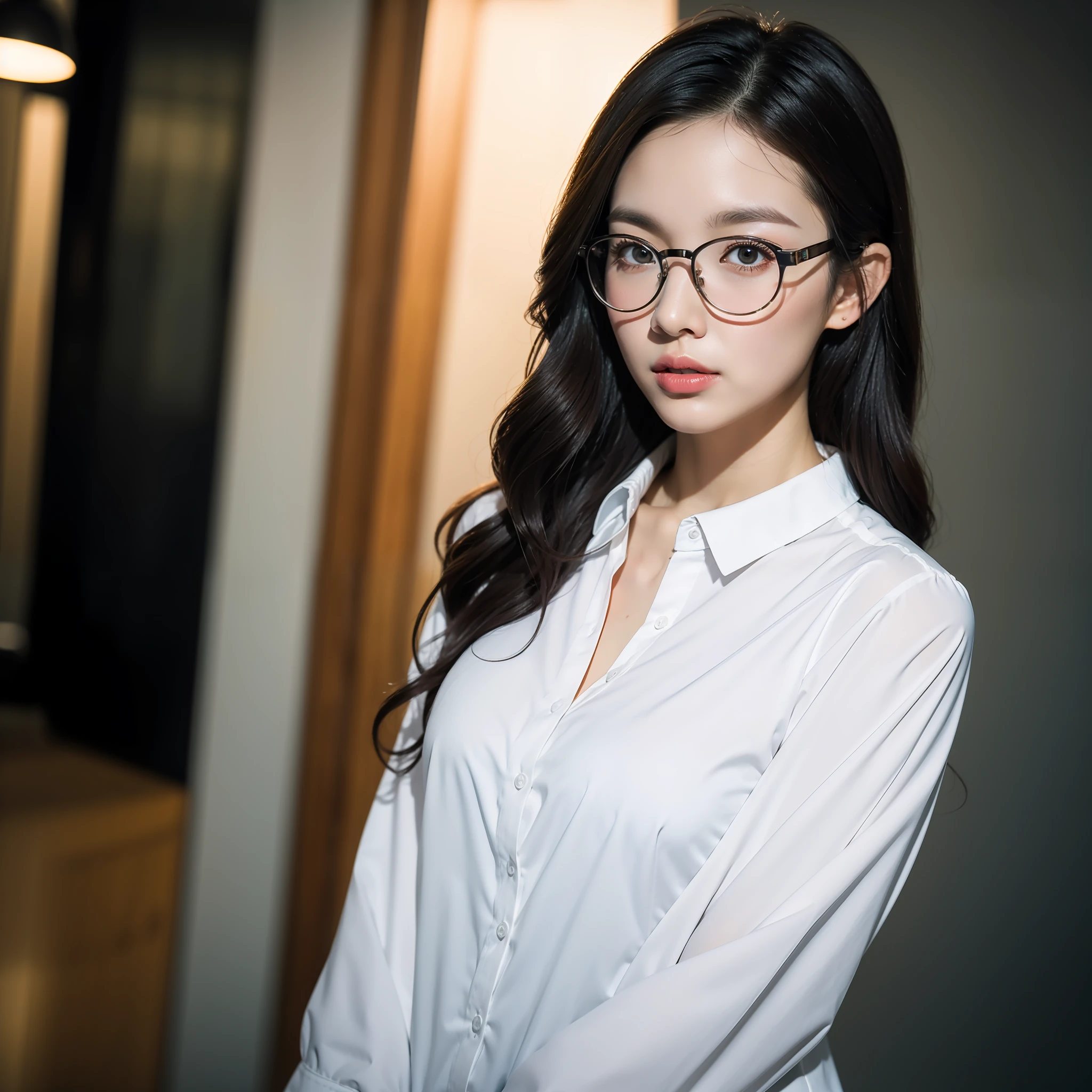 1 beautiful maiden, (long curly hair)), wearing glasses, wearing a fitted white shirt, broad shoulders, mid-chest, long legs, small head, (in the office), slim_legs, slim_Ass, very detailed, natural wavy curls, sparkling light brown eyes, high resolution, masterpiece, best quality, complex details, high detail, clear focus, detailed skin, realistic skin texture, texture, detailed eyes, professional, 4k, Canon shooting, 50mm, shallow depth of field, kodak visual color, perfectly fitting body, extremely detailed, realistic, realism, post-processing, maximum detail, roughness, real life, ultra-realistic, photorealism, photography, 8K ultra hd, photography (film grain) close-up atmospheric dark lighting medium shot, seductive pose,