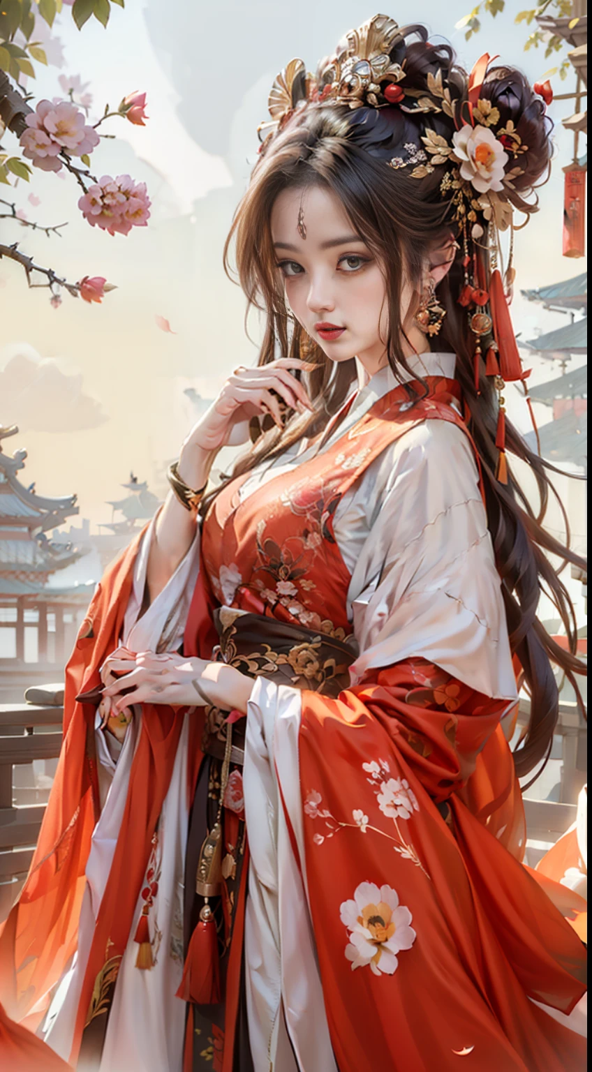 masterpiece, best quality, ultra-detailed, illustration, solo, artist:Li Wei, Chinese-inspired, traditional painting, soft and elegant brushstrokes, delicate silk robes in shades of crimson and gold, adorned with intricate floral patterns, elaborate headdress with ornamental hairpins, long flowing black hair, almond-shaped eyes with a hint of mystery, gentle smile, holding a delicate fan with delicate cherry blossom motif, standing gracefully on a stone bridge over a tranquil lotus pond, lanterns glowing softly in the background, traditional Chinese architecture with curved roofs and decorative elements, a serene atmosphere infused with the essence of Chinese culture