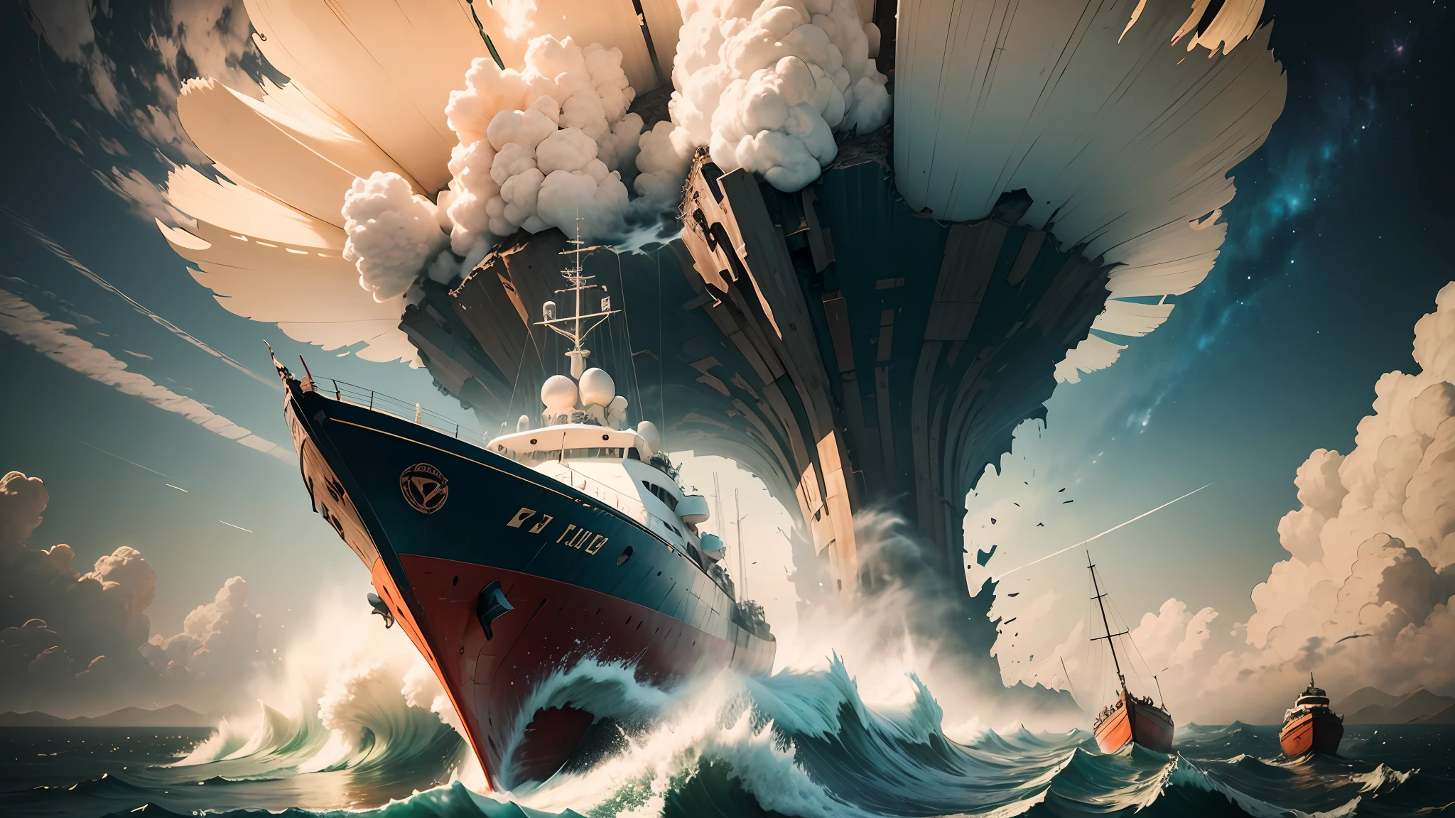 woman,, boats,foam, woman, wind,tornado,hurricane,apocalyptic desert, strong contrast, film texture, spaceship wreck, spaceship collision, explosion, sky collapse, meteorite fall, epic scene, overlooking the camera, strong sense of design, expanded sense of space, clear distinction, overlooking the camera. ,woman,, boats,foam,