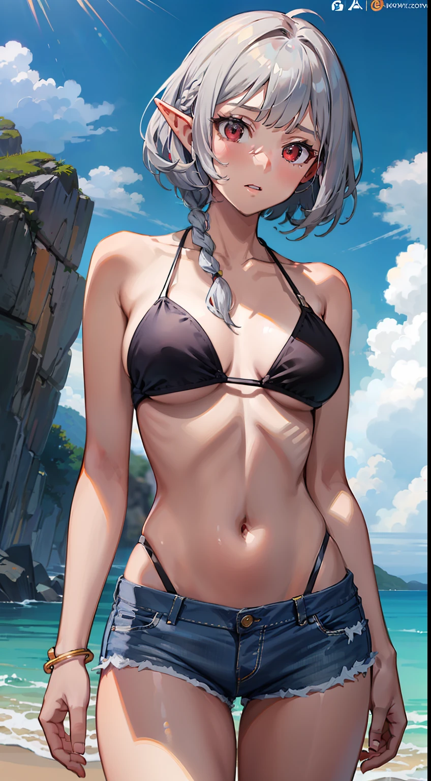 ((Put your hands on your chest)), (surprised)), (Red face), Close up of one girl, Elf, Silver hair, Red eyes, Bob cut, Braided hair, Jeans, Shorts, Swimwear, Bikini, Sea, TS, Concept art, Beautiful anime scene, Beautiful anime scenery, Best quality, Masterpiece