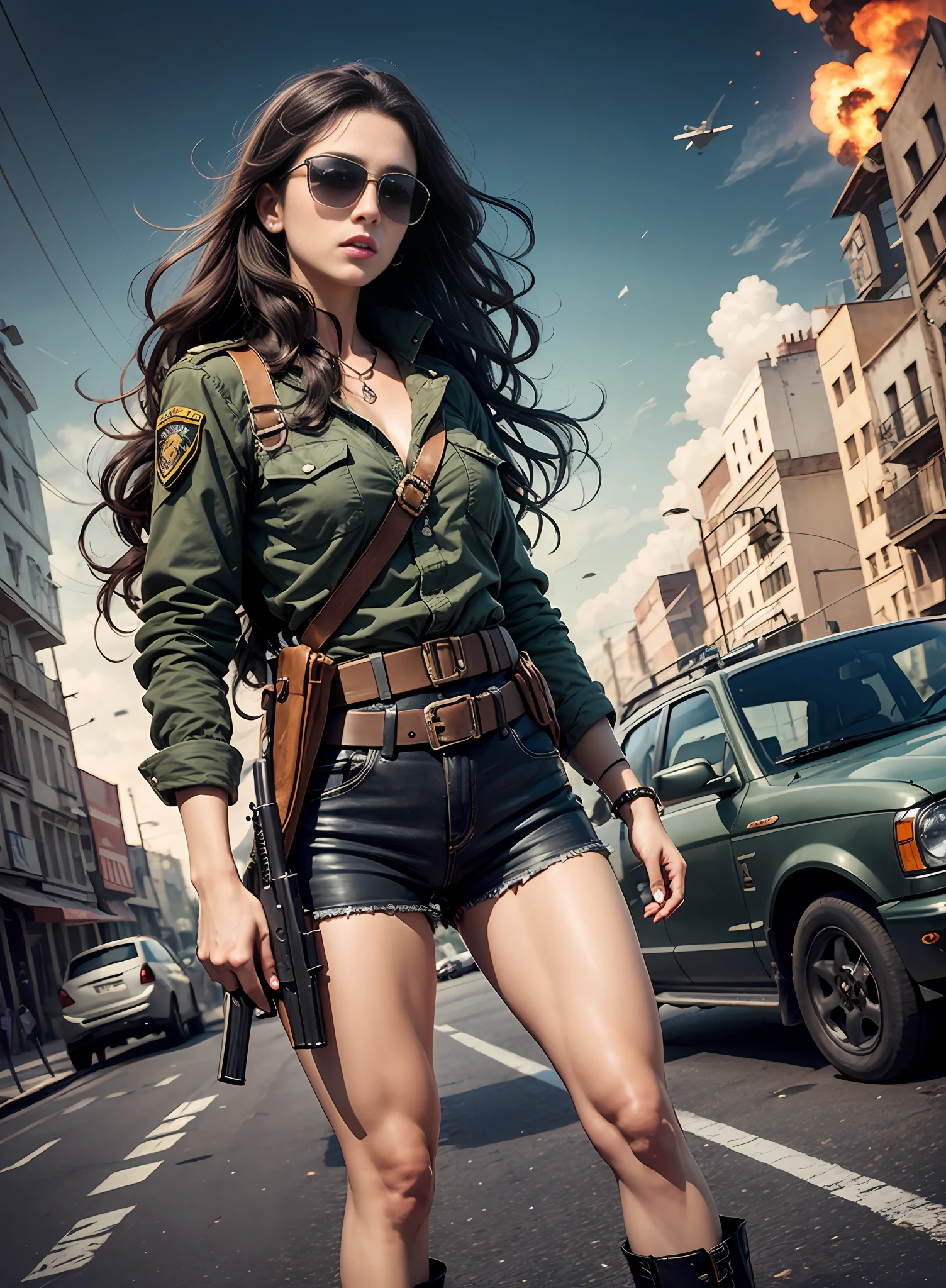 Movie poster commando Portuguese, beautiful woman, medium dark long hair, sunglasses, with big gun in hand, black clothes, rivets, explosions, cars, planes, just one body