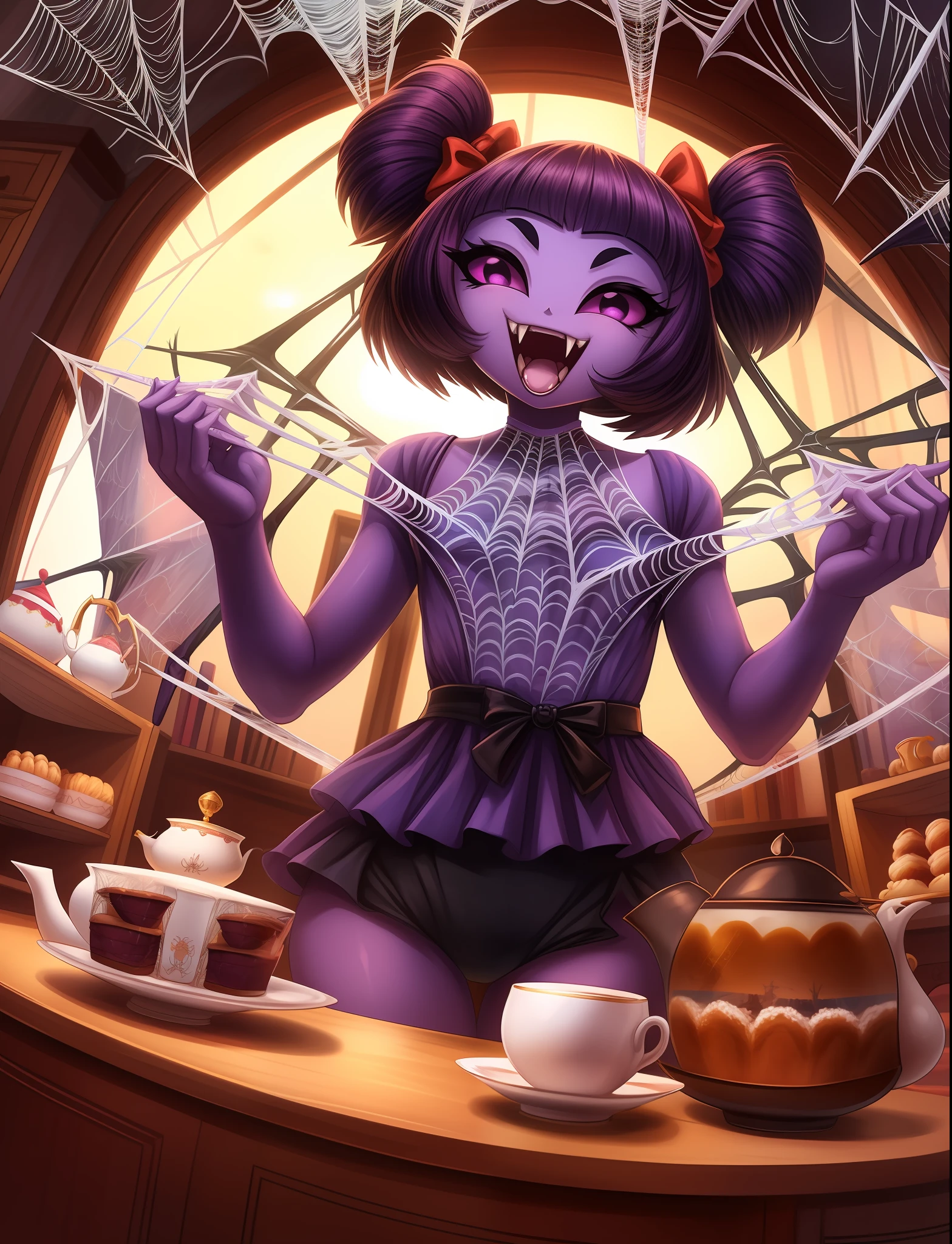 masterpiece, best quality, a beautiful and detailed portriat of muffet, monster girl,((purple body:1.3)),humanoid, arachnid, anthro,((fangs)),pigtails,hair bows,5 eyes,spider girl,6 arms,solo,smile, clothed, open mouth, awesome and detailed background, holding teapot, holding teacup, 6 hands,detailed hands,((spider webs:1.4)), storefront that sells pastries and tea,bloomers,(red and black clothing),inside,pouring into teacup,muffetwear,wide angle lens, fish eye effect,