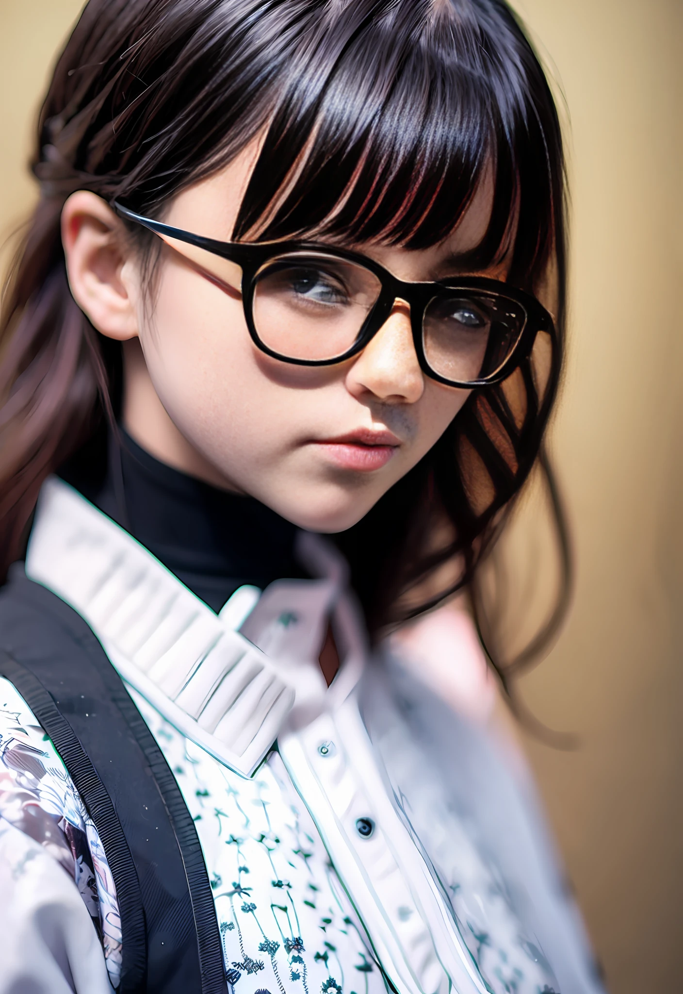 a close up of a person wearing glasses, with black eyeglasses, wearing eyeglasses, wearing small round glasses, wearing thin large round glasses, wearing black frame glasses, without glasses, !!wearing modern glasses!!, betty la fea, eyeglasses,posing for camera,  south east asian with round face, girl wearing round glasses, wearing medium - sized glasses, rounded eyeglasses,  model:Digital --auto --s2