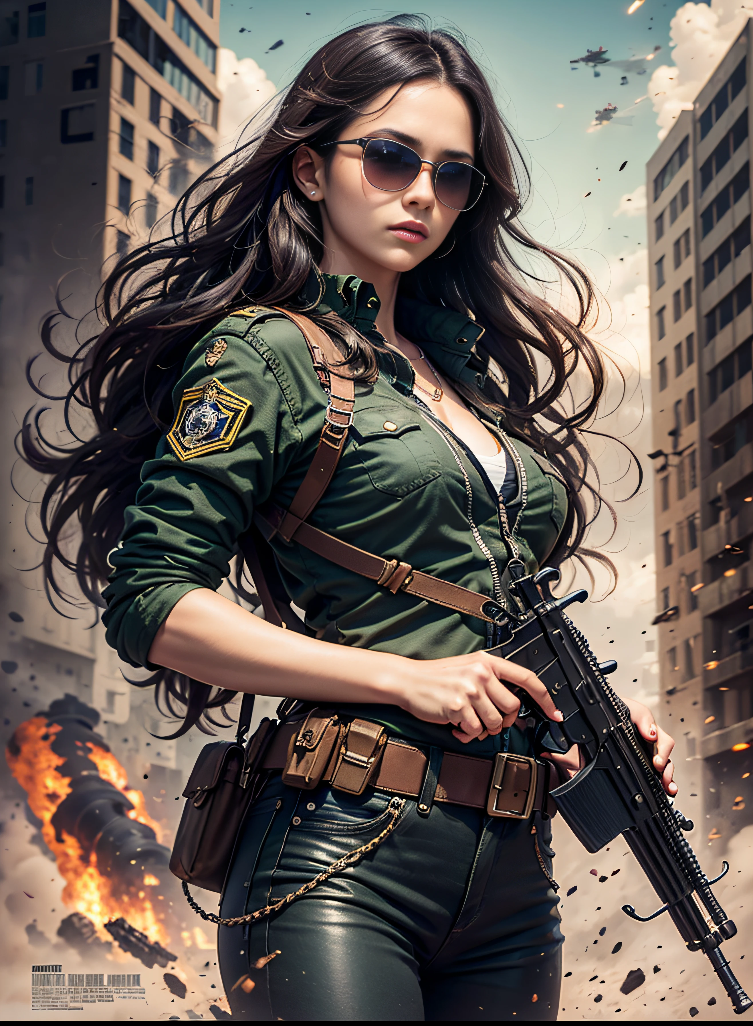 Movie poster commando Portuguese, beautiful woman, medium dark long hair, sunglasses, with big gun in hand, black clothes, rivets, explosions, cars, planes, just one body