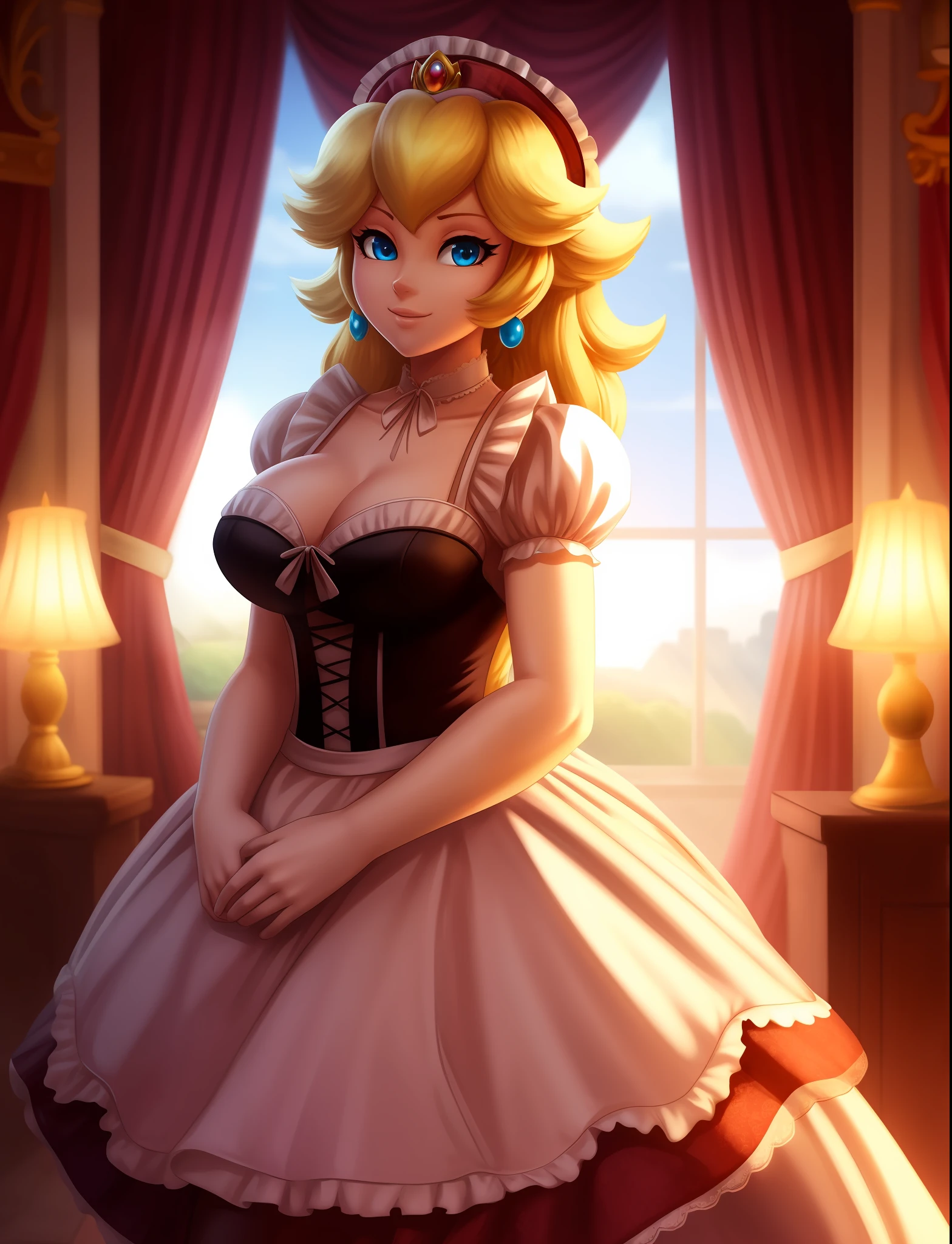 (best quality, masterpiece),
(princess peach), mansion, volumetric lighting, maid, maid dress,