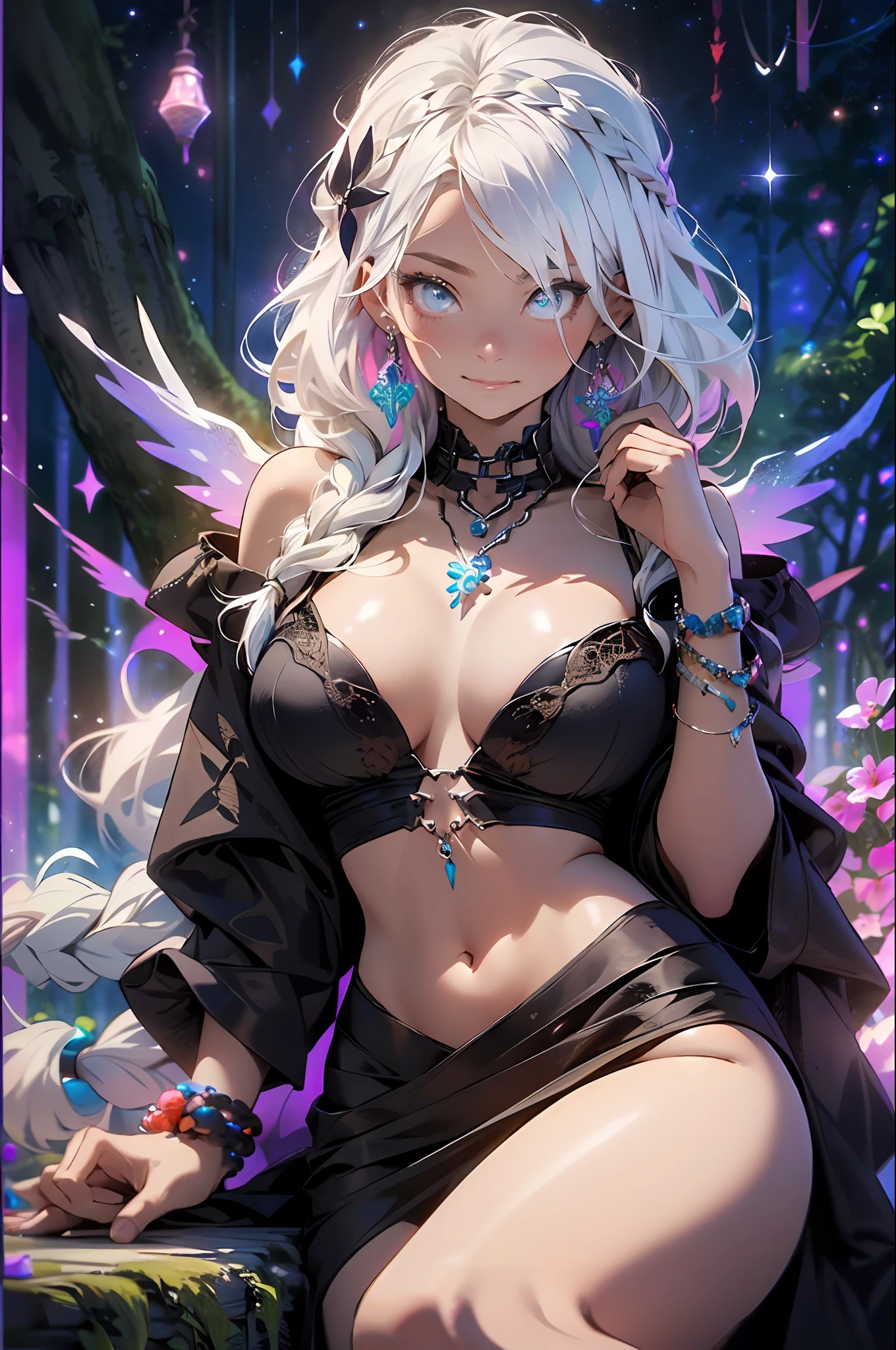 ((( WHITE HAIR, [PERFECT REALISTIC EYES]))), ((( HOLDING A BRAID IN HIS HANDS,))) ultra realistic 8k CG, perfect face, flawless, clean, masterpiece, professional work of art, famous art, cinematic lighting, cinematic flower, perfect face, beautiful face, beautiful eyes, (((( perfect female body, narrow waist))), GOCHIC, real, SINISTER, BLACK HOOD, WIDE SMILE, (DARK SETTING), fantasy, MACABRO, unreal, science fiction,  (huge breasts), BLACK clothing, lace, lace trim, lace socks, nsfw, chest out, absurdly long hair, very long hair, (saturated: 1.4), SKULLS AROUND, intricate detail, delicate pattern, sexy, charming, seductive, seductive, erotic, charming, hair ornament, necklace, earrings, bracelet, armband, looking at the viewer, in the forest, willow trees, river, galaxy, starry multicolored sky, 3 moons, wings