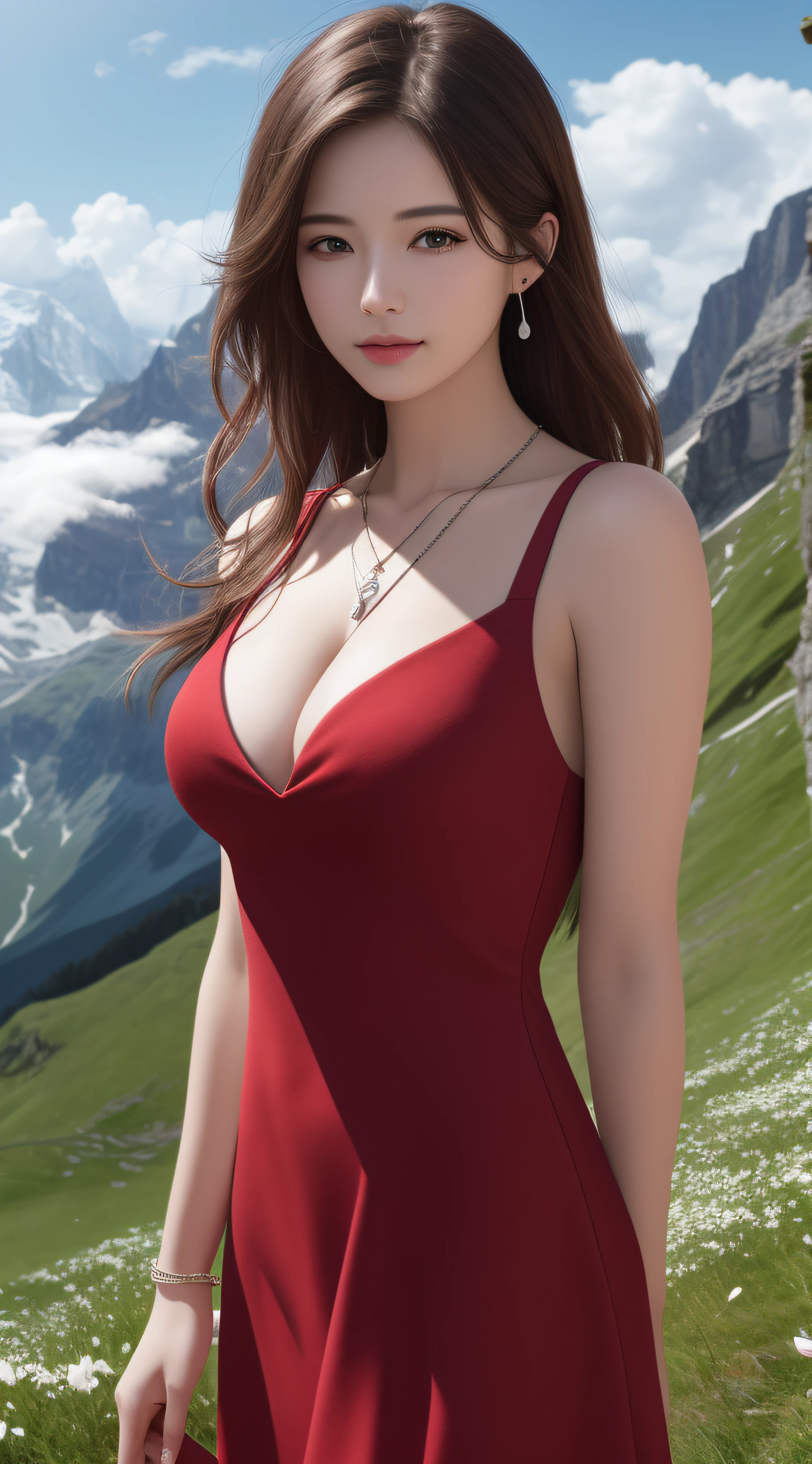 masterpiece, ultra-realistic, 32k, highly detailed CG Unity 8k wallpaper, top quality,
Swiss Alps, Switzerland, (dark red A-line dress), (((Spring Day)), Side Parts, Ear Drops, Lady, Necklace, Big, Cleavage