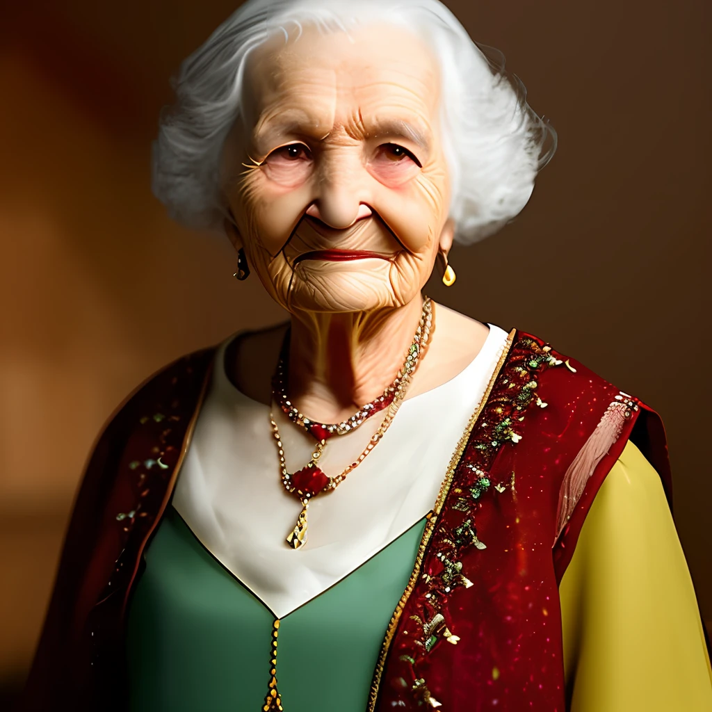An old woman with a ruby pendant