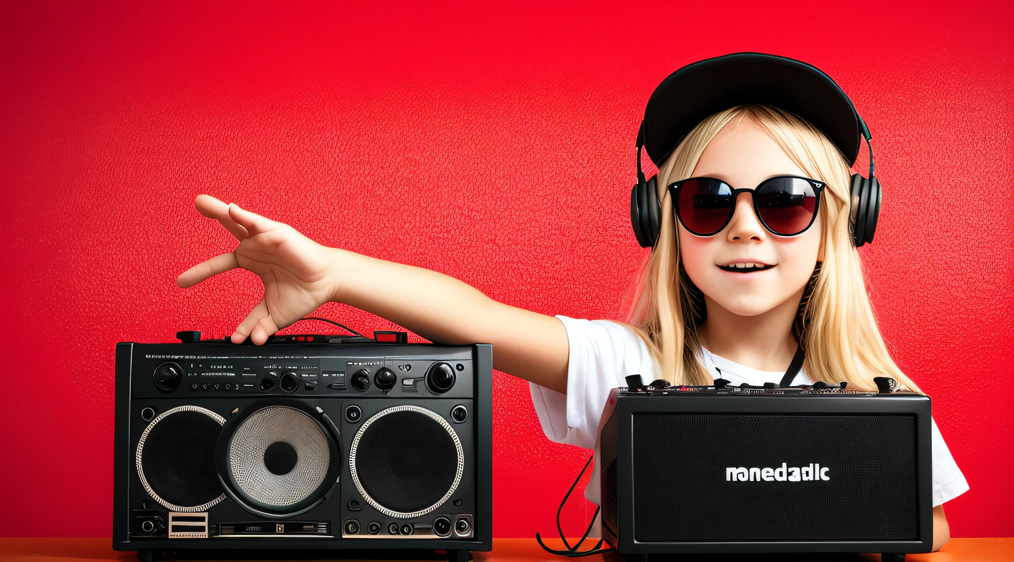 mENINA CHILD BLONDE LONG HAIR WEARING A HAT, holding a boombox and pointing with his hand, boombox, music guy, ghetto blaster, on a red background, playing for music, on red background, dj, very low quality picture, red sunglasses and a guitar, big ghetto blaster, with headphones, music is life, new music, vibrating with music