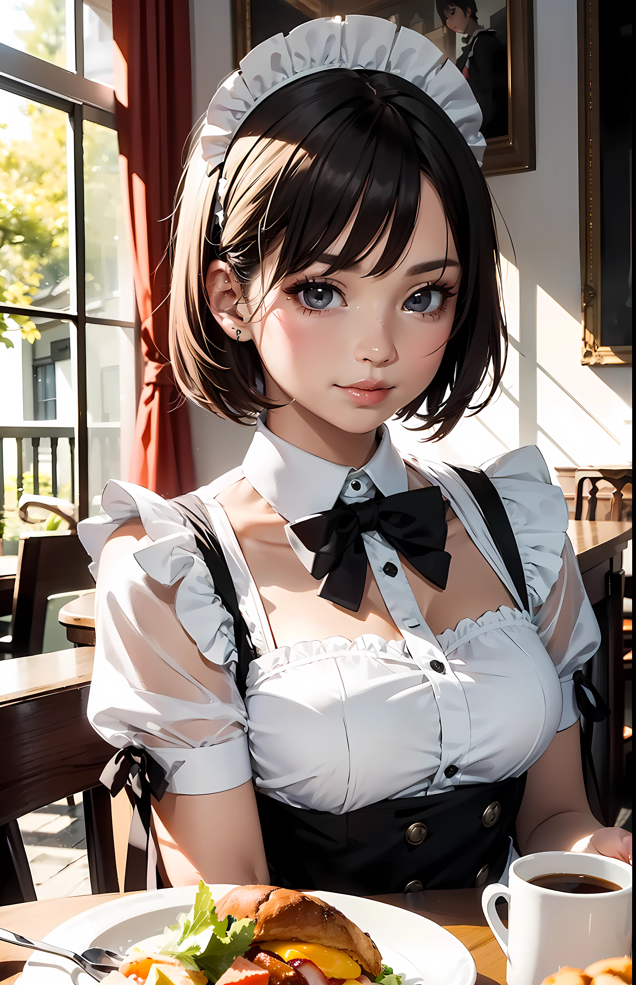 (Photorealistic Photo: 1.1), (Blur: 1.5), (HDR: 1.3),
(Masterpiece:1.3), Absurdity, Hi-Res, Ultra Detail, One Girl, (Detail Maid Bow Tie:1.3),
dark brown disheveled hair, transparent hair, (beautiful cute black eyes: 1.3), beautiful skin, (natural makeup: 1.1), solo, dynamic angle, smile,
Maid serving junk food breakfast in a sophisticated and incredibly spacious dining room with the rising sun and beautiful white walls,