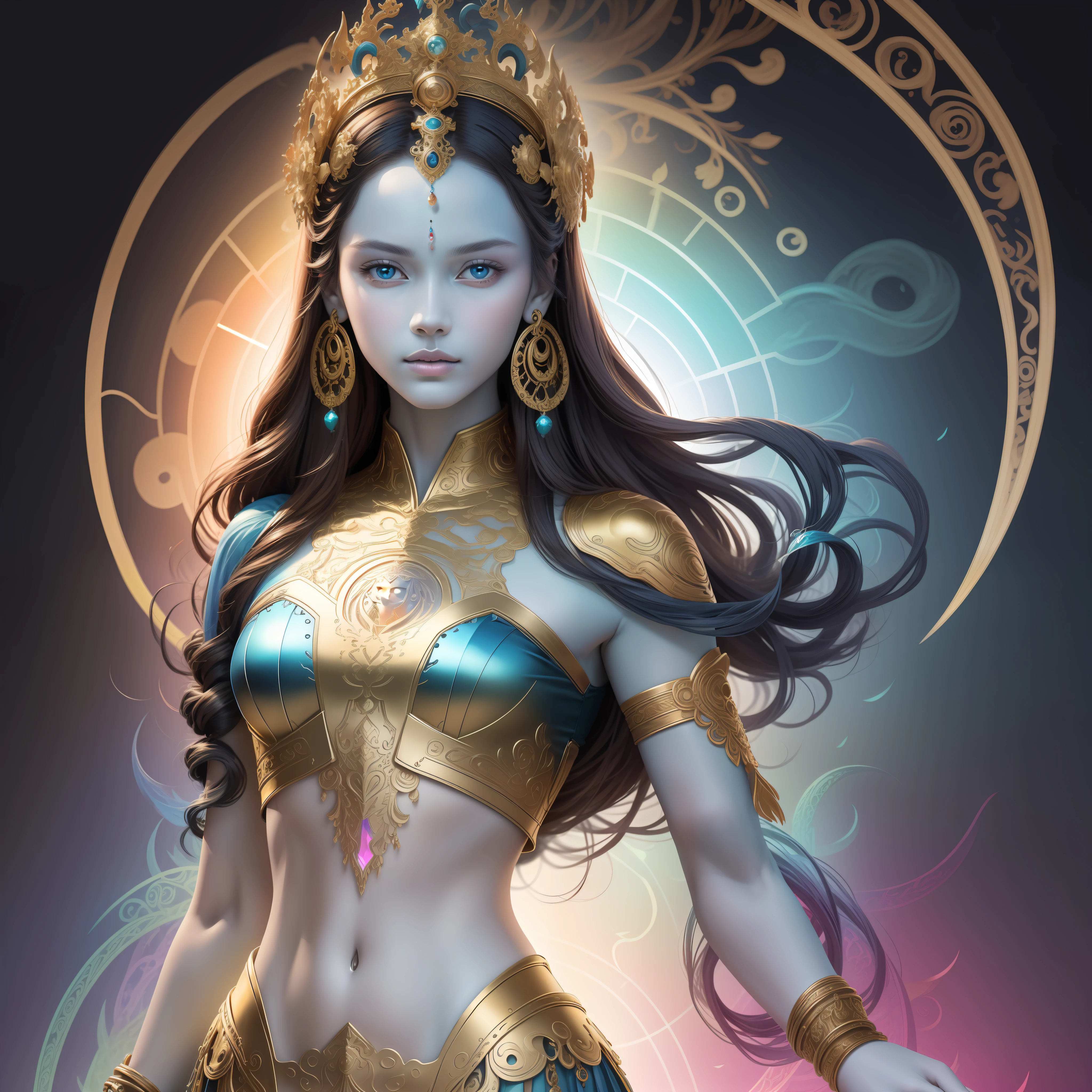 (Masterpiece, Top Quality, Best Quality, Official Art, Beauty and Aesthetics: 1.2), (1girl: 1.3), (Blue Skin), Very Detailed, (Fractal Art: 1.2), Colorful, Most Detailed, (Zentangle: 1.2), (Dynamic Pose), (Abstract Background: 1.5), (Traditional Clothing: 1.2), (Shiny Skin), (Multiple Colors: 1.4),