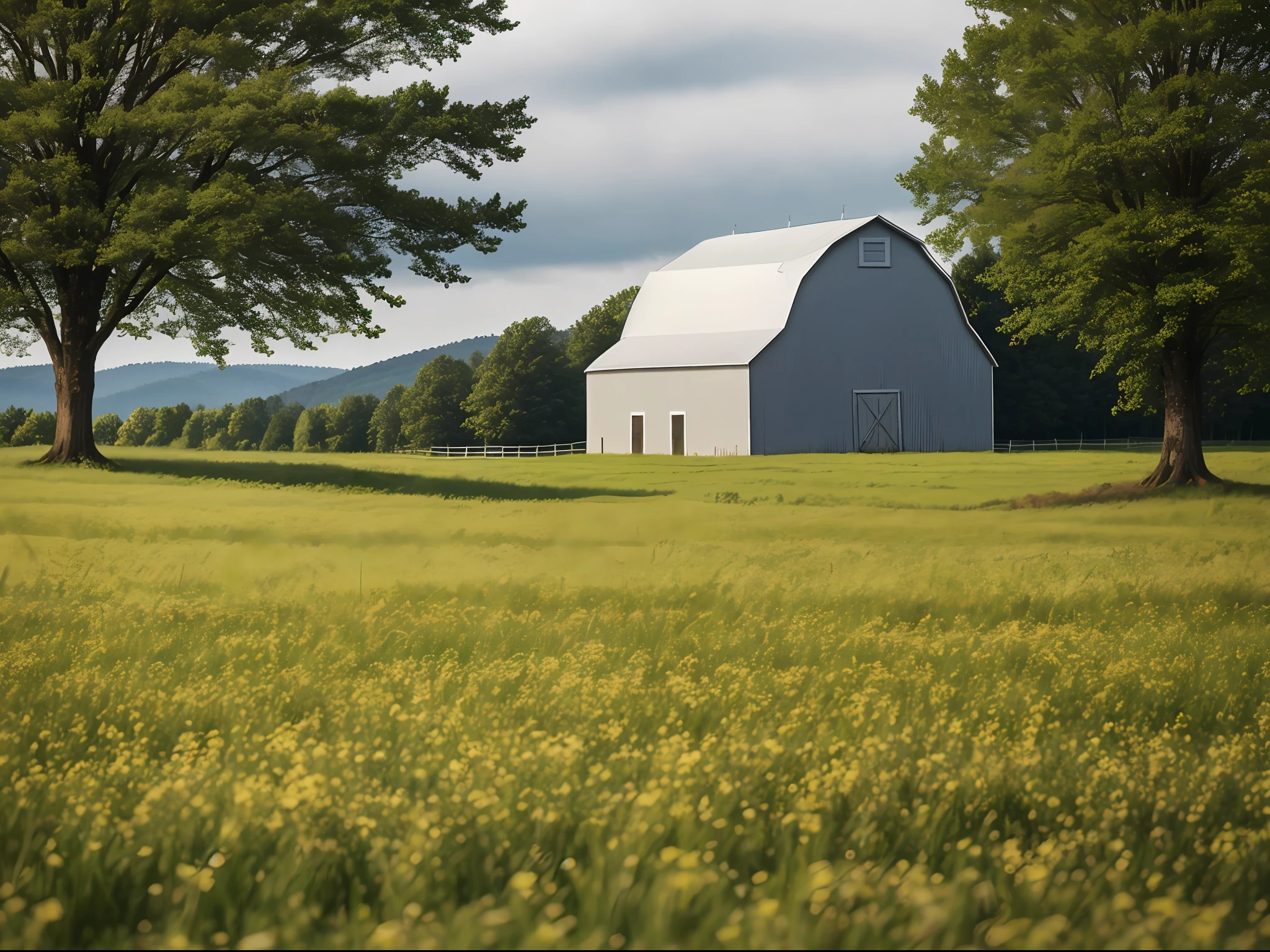 a green field (((no trees))) (((No mountains))) with gray sky and a barn in the background 100% focused with sigma 150mm lens and nikon d7200 f/5.6-6.3 G OSS, natural light, photography hyper-realistic, ultra-detailed –ar 3:2 –q 2 –s 750