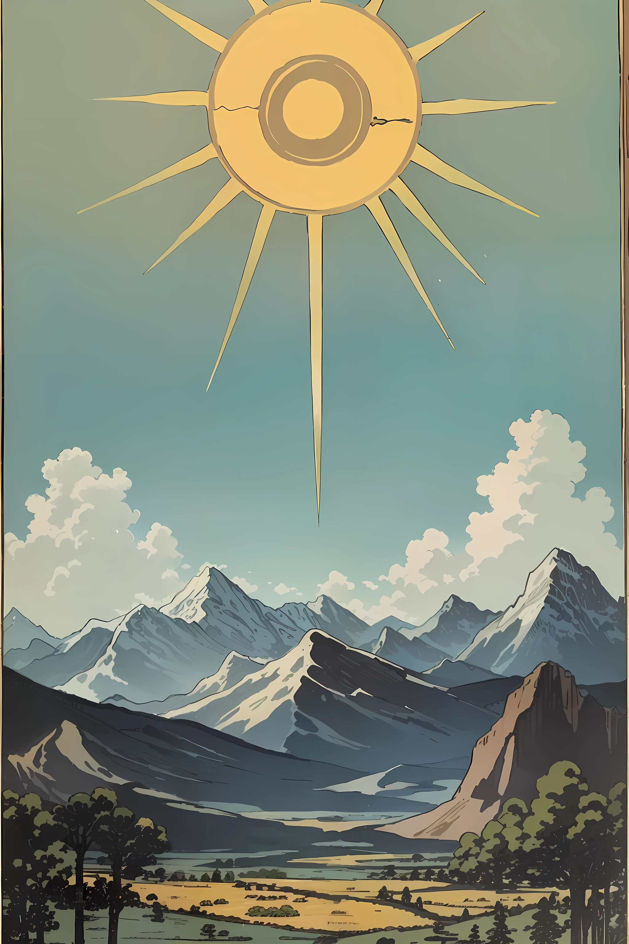 masterpiece, sun, day, warm light, mountains, clouds, clear sky, dawn, beautiful background, secret concept tarot card history card mystery, tarot card, best quality