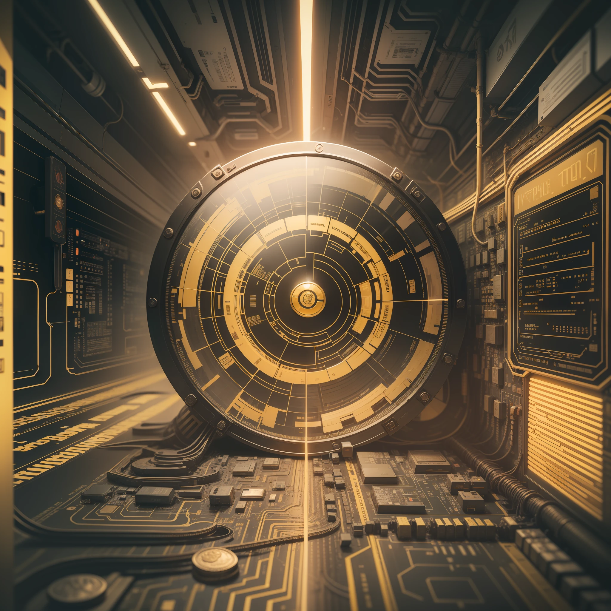 a gold coin inside a matrix high way of circuits metaverse