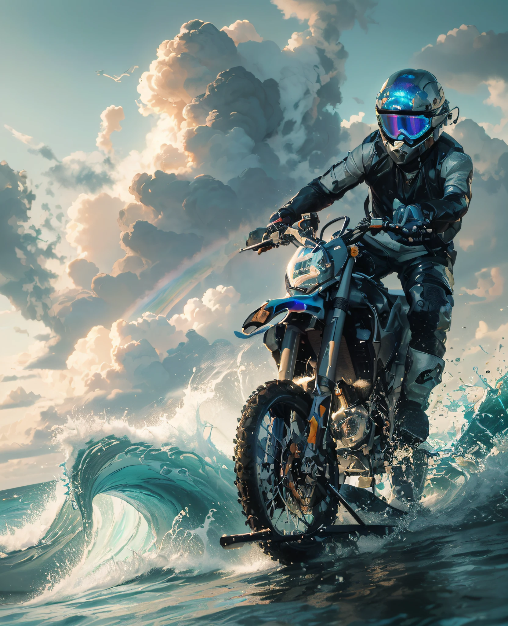 (Masterpiece, Best Quality, High Resolution, Absurd, Detail: 1.2), Humanoid, Robotic, Helmet, (Cyberpunk, Art Canvas, Brushes, Easel, Rainbow Colors, Holographic: 1.6), (Male), (Waves, Seawater, Moto, Splash, Outdoor, Smoke, Simple Background), Extreme Detail, Pixel Style, (Complete Motorcycle: 1.5)