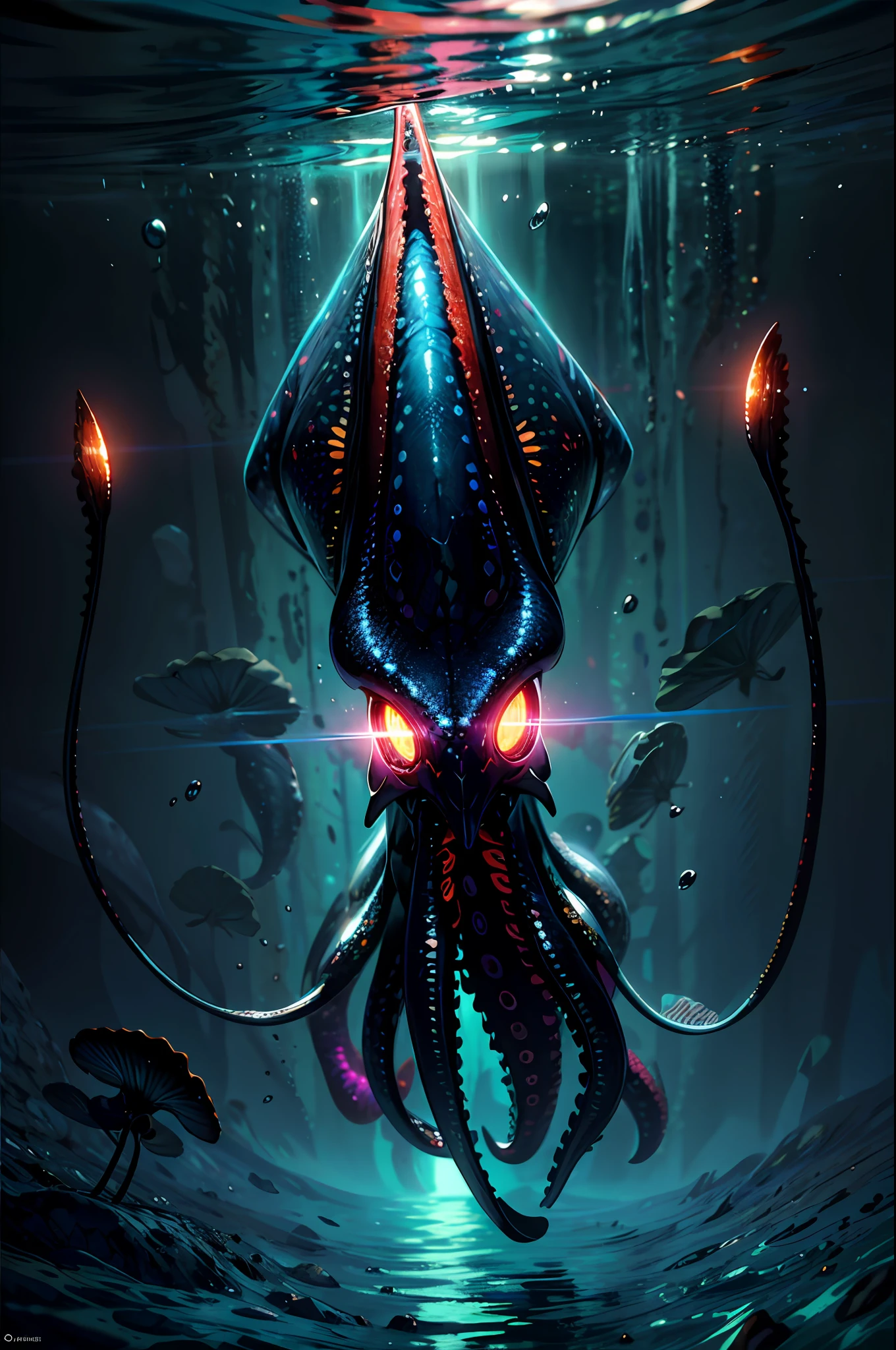 close shot  of a mythical colorful squid, big pincers, shiny multicolored skin, detailed tentacles, detailed skin, the squid is swimming under the sea, looking at viewer with the glowing eyes, blue and red and black skin, crystal, coral ,clear water,focus, alien underwater landscape background .BREAK,Detailed,Realistic,4k highly detailed digital art,octane render, bioluminescent, BREAK 8K resolution concept art, realism,by Mappa studios,masterpiece,best quality,official art,illustration,ligne claire,(cool_color),perfect composition,absurdres, fantasy,focused,rule of thirds,