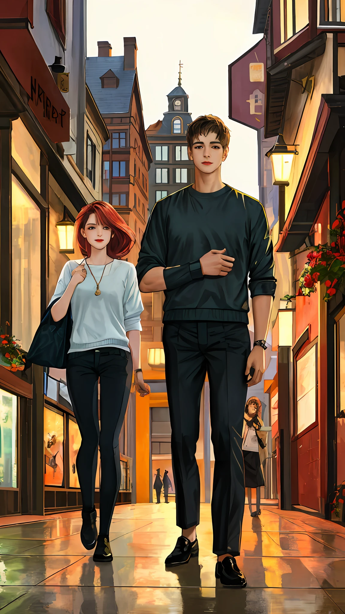 4 friends walking on a night street ,1 White man ,20 years gorgeous,walking , happy, 1 black man 20 years beautiful walking happy 1 brunette woman 20 years old and1 redhead woman 20 years old, saying goodbye night background , urban fashion light focus (clutter - house: 0.8), (masterpiece: 1.2) (Realistic: 1.2) (Bokeh) (Best quality) (Detailed skin: 1.3) (Intricate details) (8K) (Detail eyes) (Sharp focus), (Happy)casual clothes