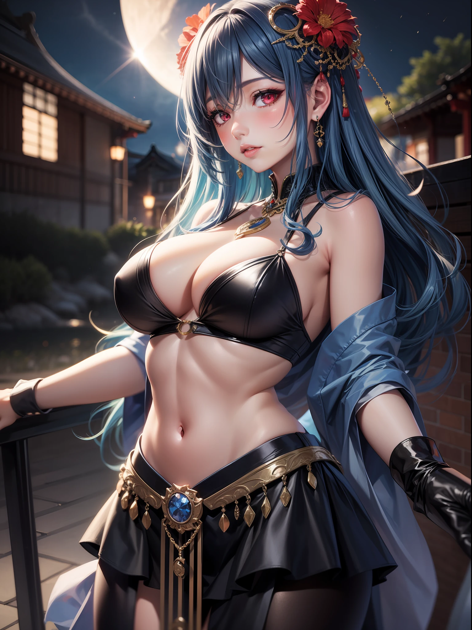 Realistic, 1girl, blue hair, red eyes, glowing eyes, cut top, skirt, parted lips, blush, night, flowers, sun, sunlight, big breasts, azur route saint luis, Japanese goddess, Yoshitomo Nara, 8 K