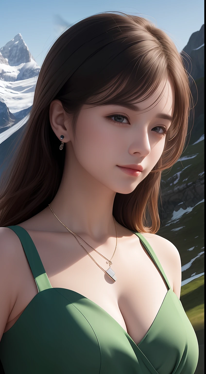 masterpiece, ultra-realistic, 32k, highly detailed CG Unity 8k wallpaper, top quality,
Swiss Alps, Switzerland, (A-line dress), (((Spring Day)), Side Parts, Ear Drops, Lady, Necklace, Big, Cleavage
