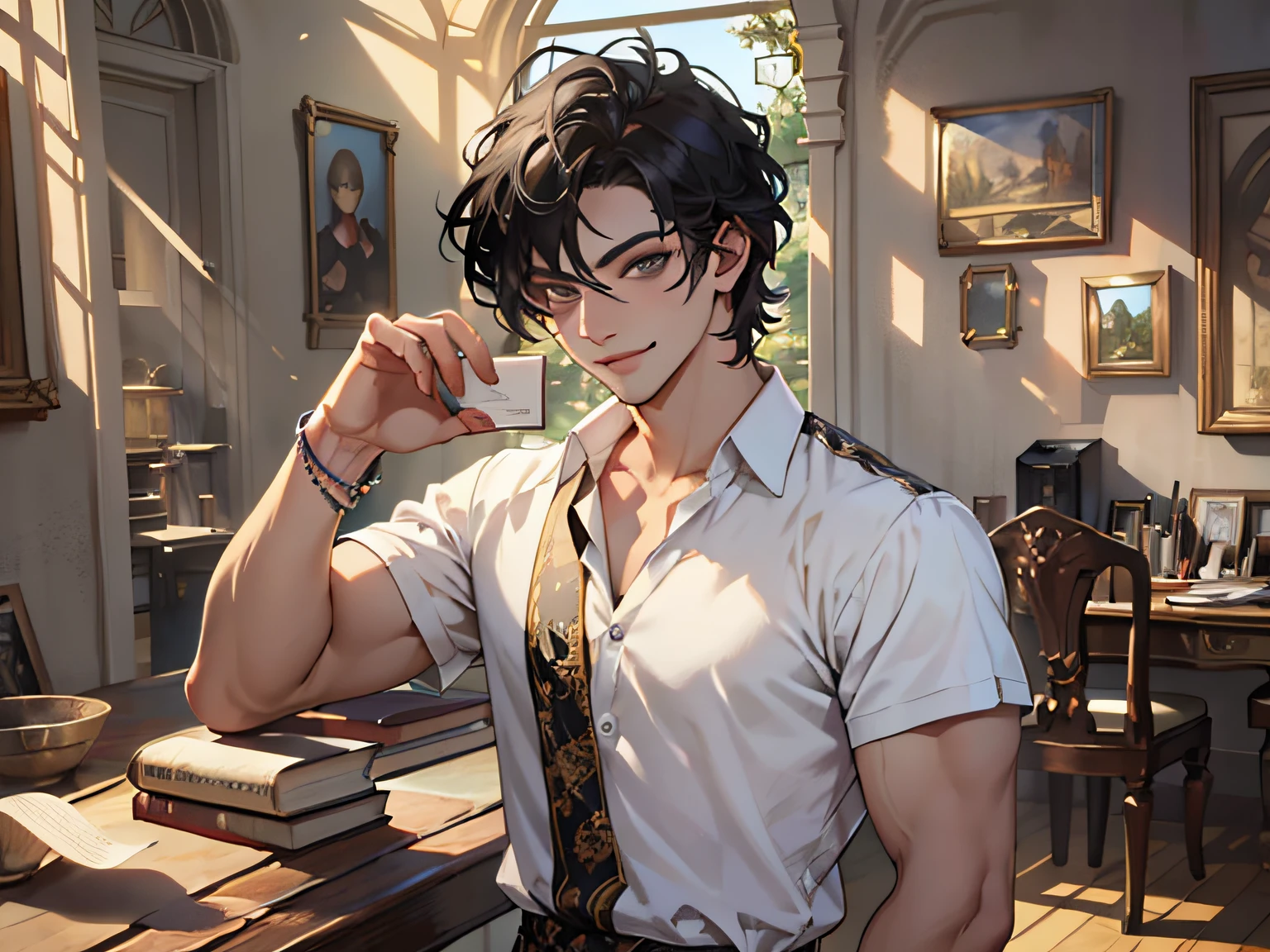 (A boy in a white shirt and short black hair standing in the middle of the room looking at the camera: 1.5) (holding a book in his hand: 1.4) (eyes wide open: 1.3) (hands spread: 1.5) (exquisite jewelry, makeup handsome, handsome, temperament: 1.5) (smiling expression on the face: 1.5), masterpiece, masterpiece,