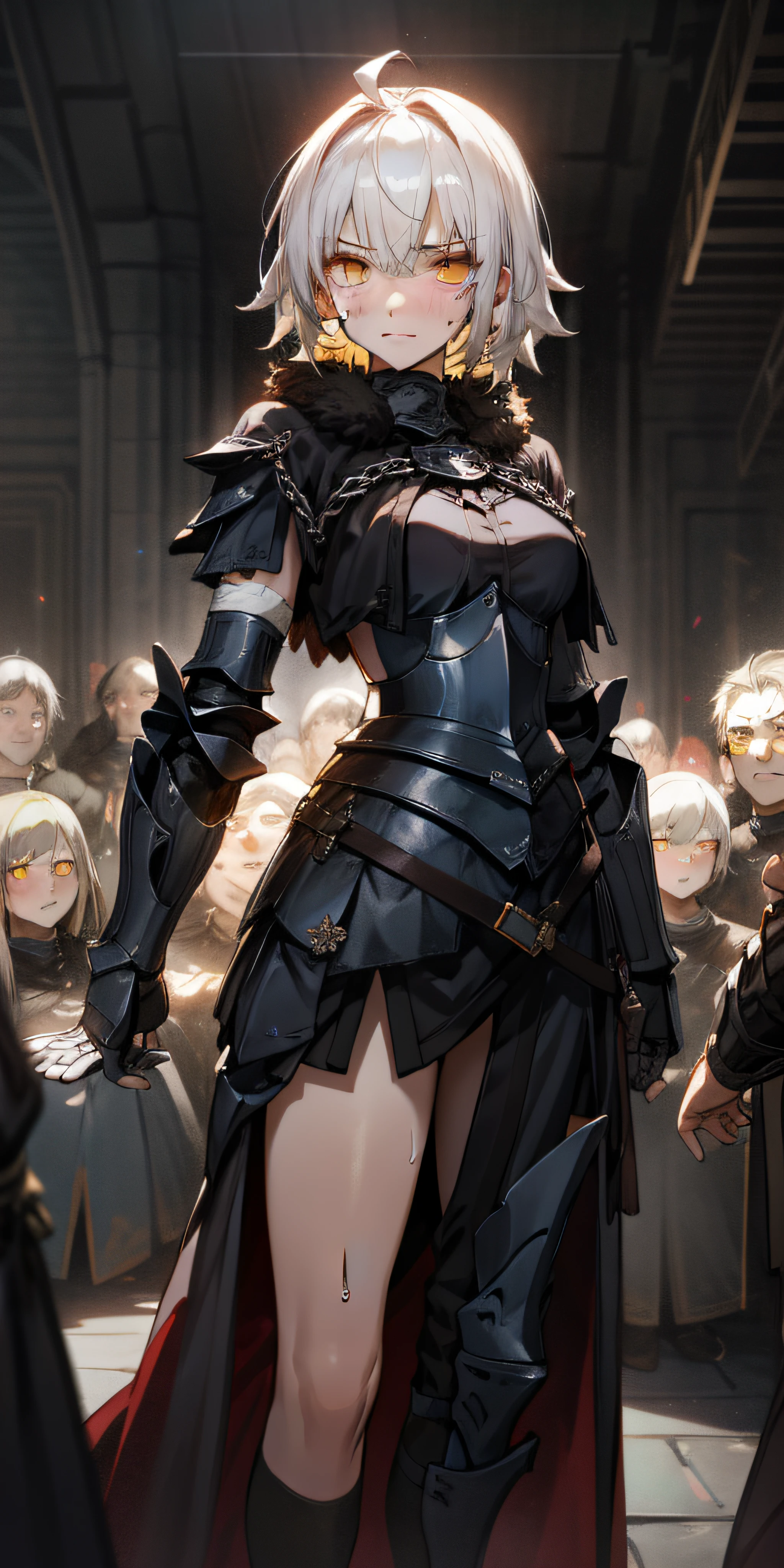 1 girl, armor, best quality, high resolution, 1 girl, solo, looking at the audience, breasts, yellow eyes, white hair, high resolution, super detailed, art book, CG, illustration, fantasy, solo, male focus, looking at the audience, dim light gathered on the girl, rebellion, maturity, enthusiasm, royal sister, cold color environment, realistic light, rich relationship between light and dark, blush, sweat