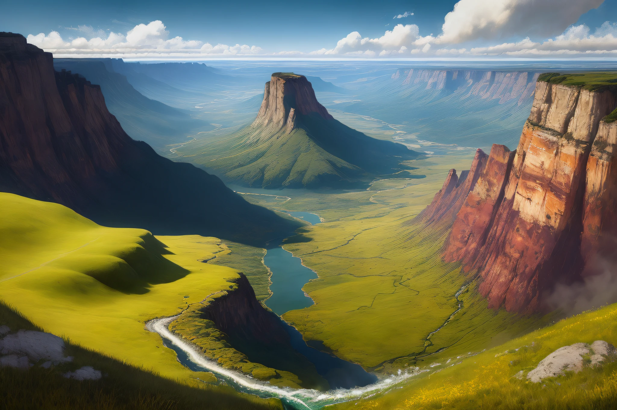8K, masterpiece, RAW, realistic, plateau, meadow, blue sky, white clouds, canyon in the distance, flowing water