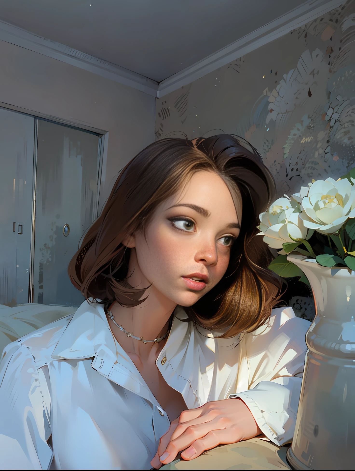 a hyper-realistic portrait of a young woman, under a tree, inside a forest, in the middle of nature, 22 years old, realistic, (lying on her side), sexy, (huge breasts 2:1), short brown hair, (hair tied with bows), curved, SFW